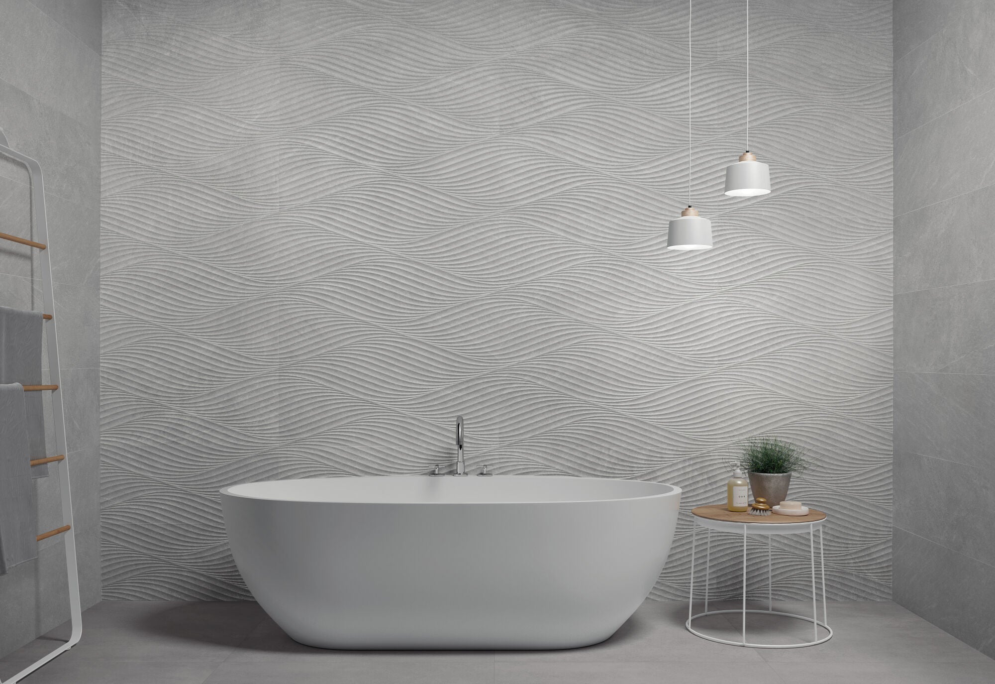 Reserve Silver Wave decor on bath wall, showcasing wavy surface pattern in soft silver tones, ideal for modern interiors.