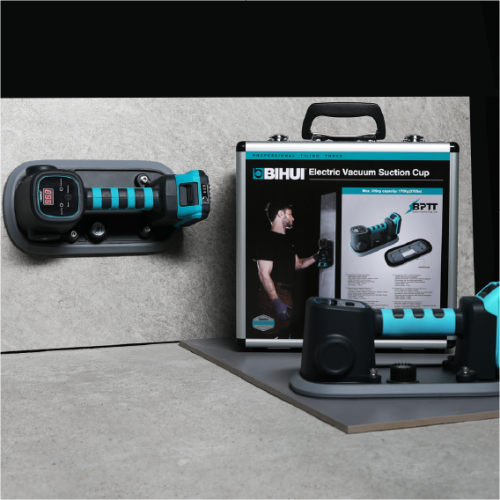 Bihui Pro+ 170 electric vacuum suction cup displayed with its carrying case and on a textured surface.