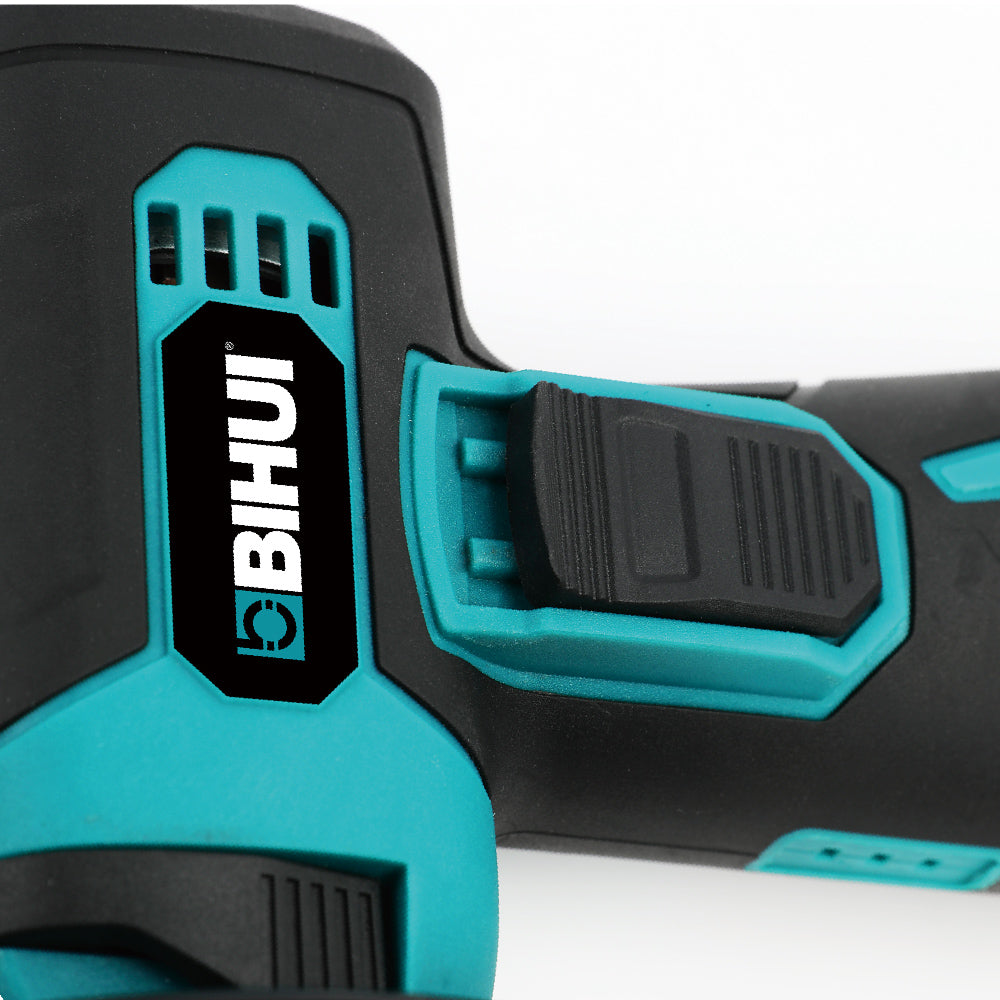 Close-up of the Bihui Mini Cordless Angle Grinder showing its ergonomic design and controls.