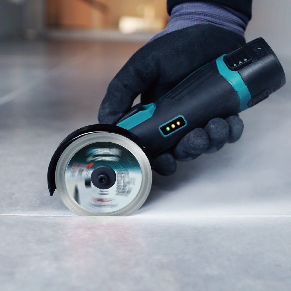 Bihui Mini Cordless Angle Grinder in use, compact design with diamond blade for cutting tiles.