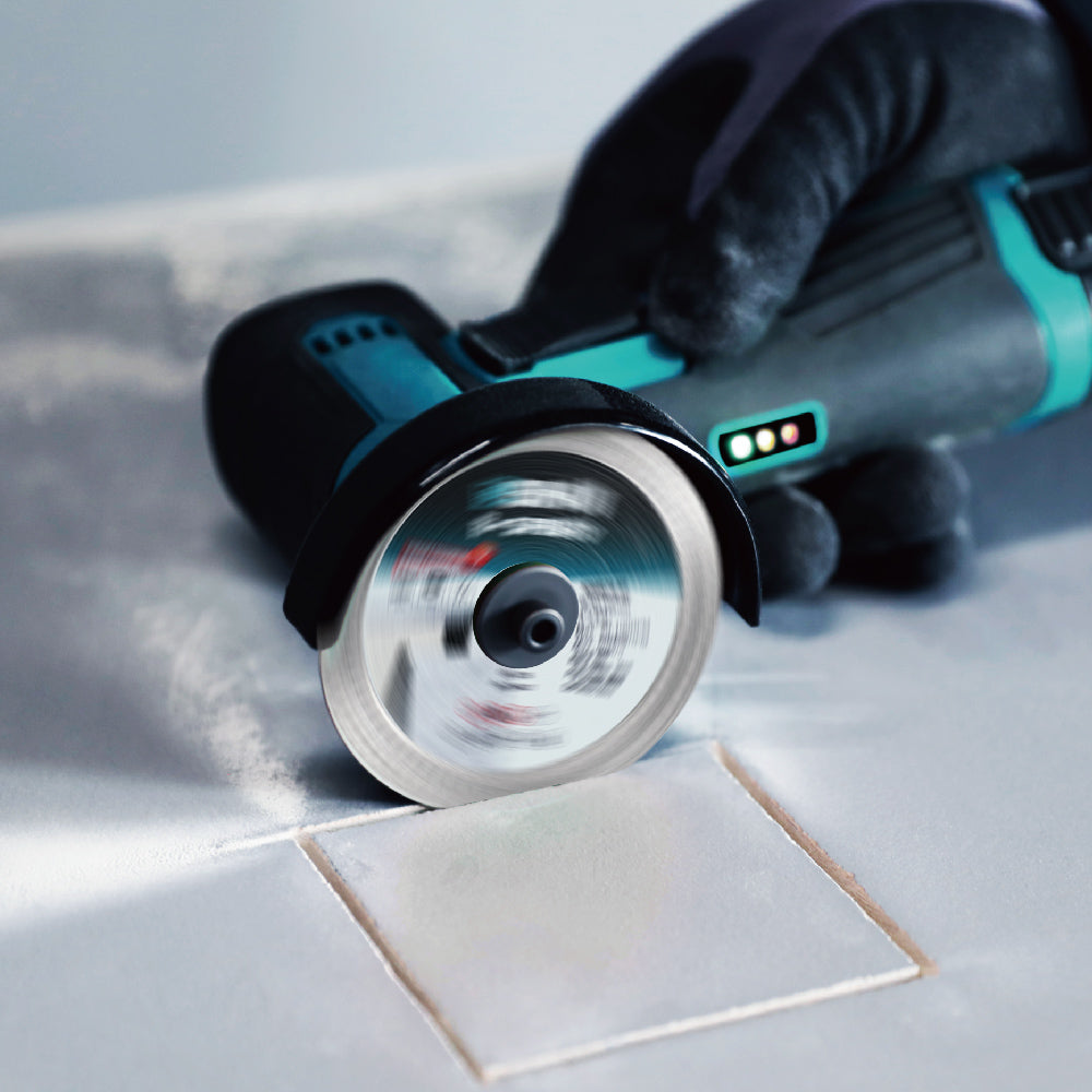 Bihui Mini Cordless Angle Grinder in use, cutting tile with precision and speed.