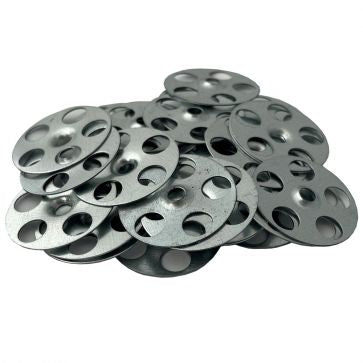 Tilerite thermaboard xps washers in a pile, showing galvanized metal with perforations for enhanced adhesion and durability.