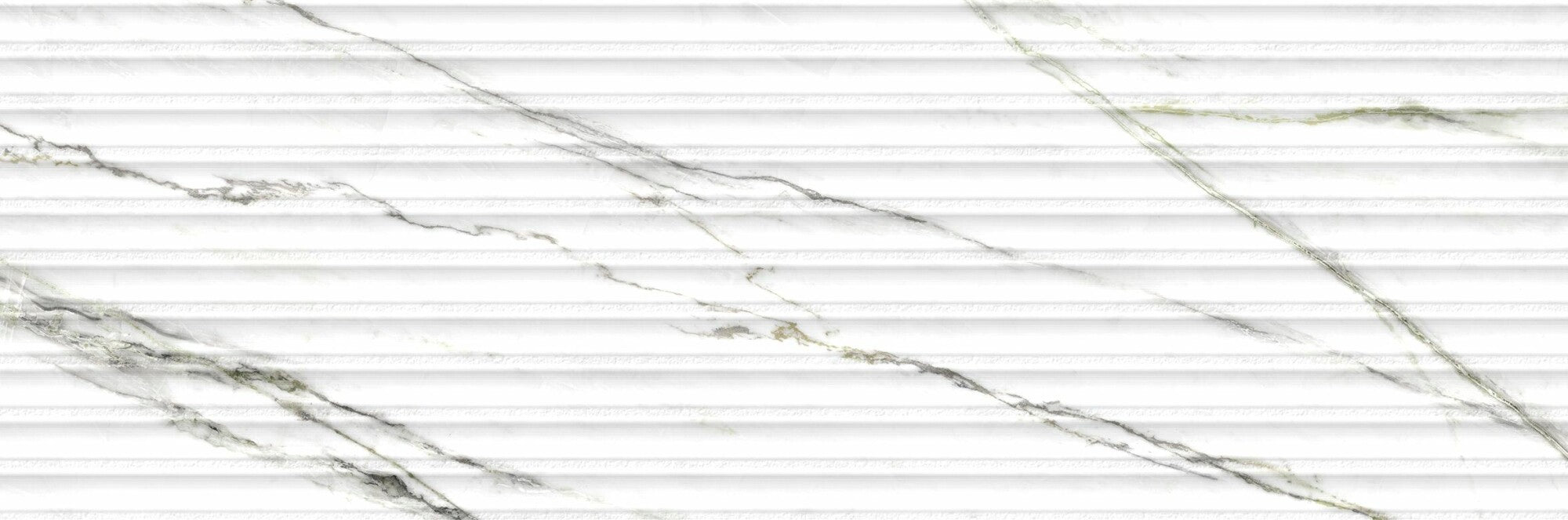 Calacatta Green Lines 33.3x100cm ceramic wall tile with textured 3D shutter effect and marble-inspired veining.
