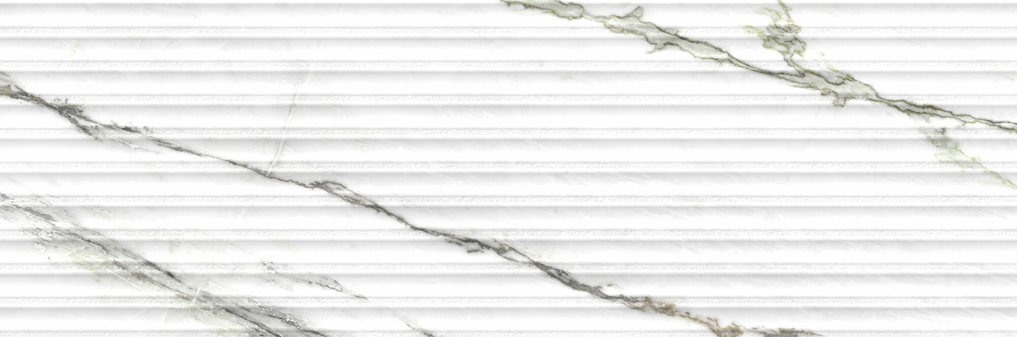 Calacatta Green Lines 33.3x100cm matt ceramic wall tile with elegant veining and contemporary 3D shutter effect.