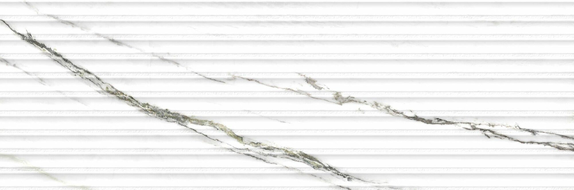 Calacatta Green Lines 33.3x100cm matt ceramic wall tile with elegant veining and textured 3D shutter effect.