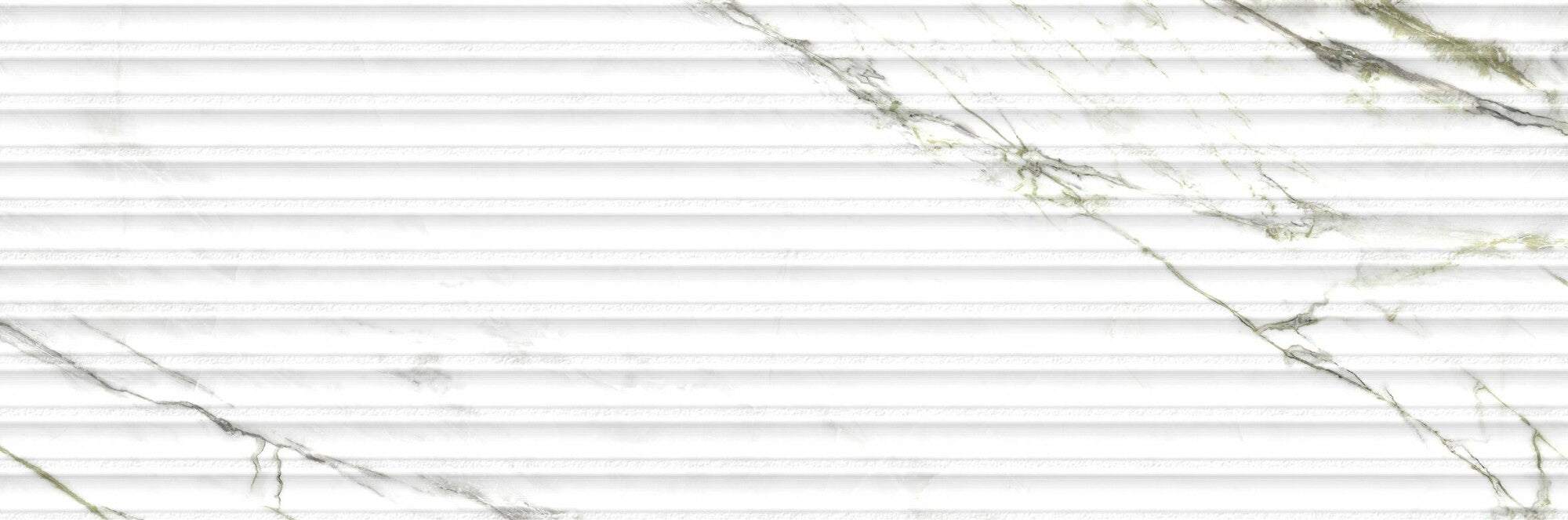 Calacatta Green Lines ceramic wall tile with 3D shutter effect and marble-inspired veining, 33.3x100cm.