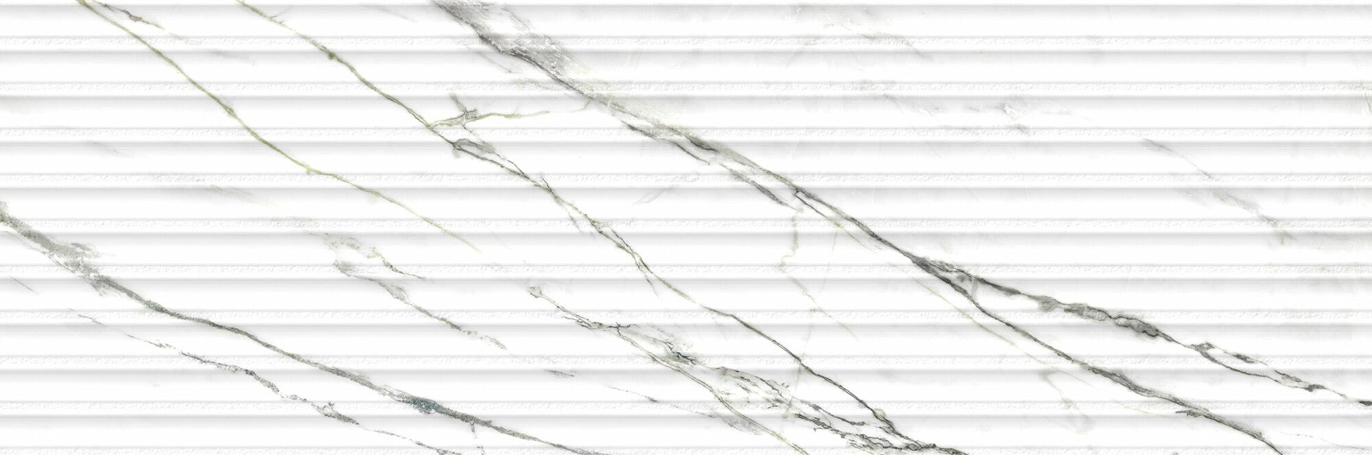 Calacatta Green Lines ceramic wall tile featuring elegant marble-inspired veining and contemporary 3D shutter effect.