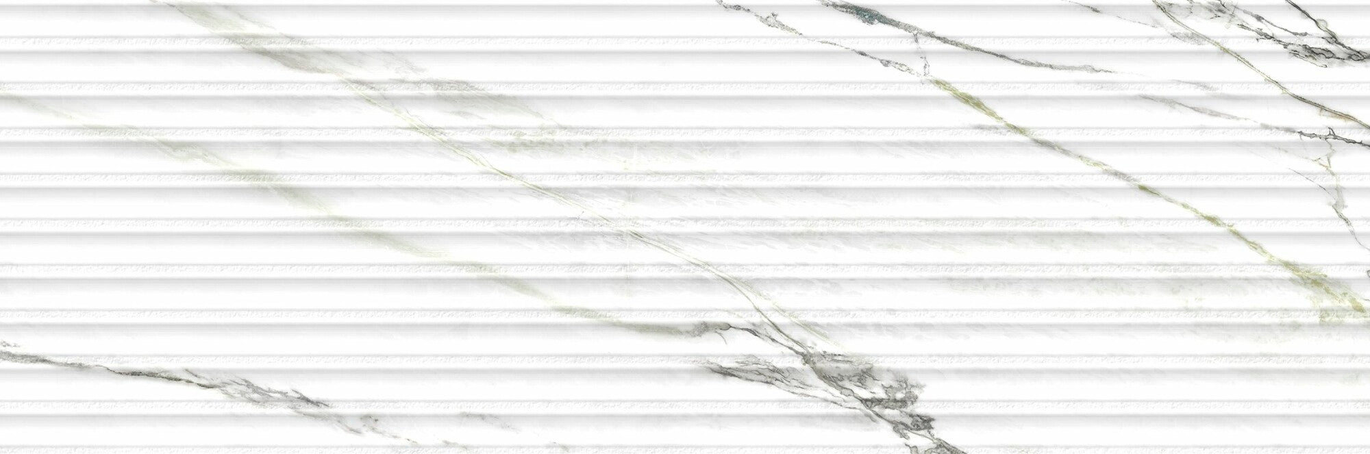 Calacatta Green Lines 33.3x100cm ceramic wall tile with marble-inspired veining and 3D shutter effect.