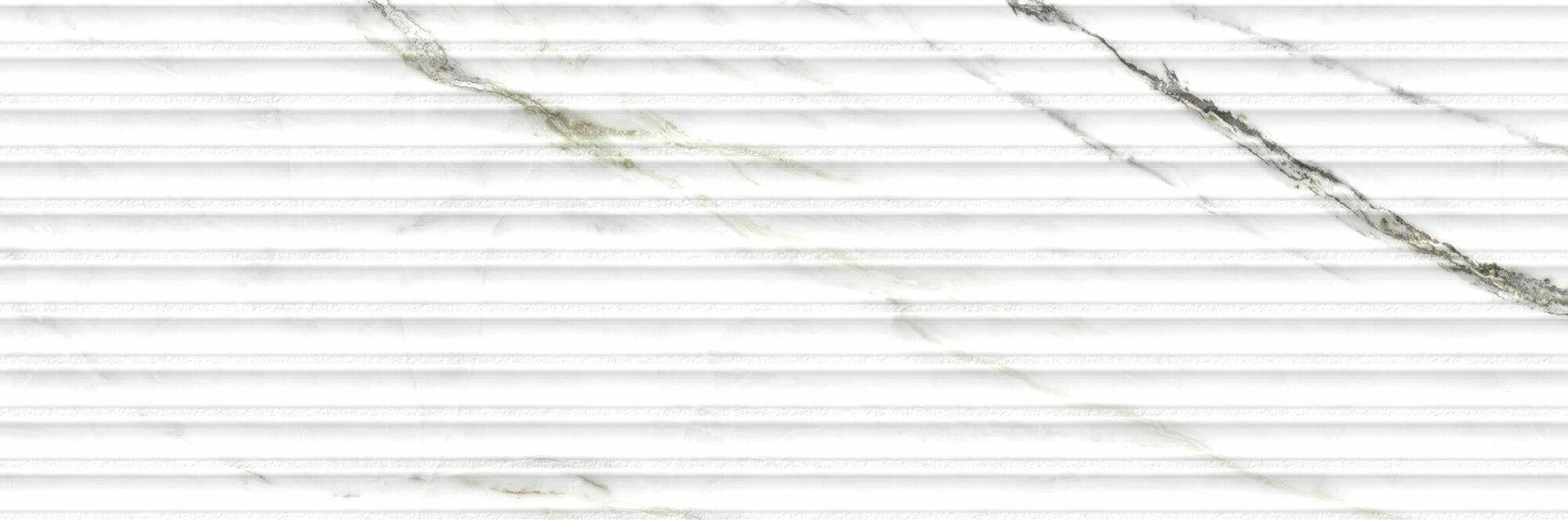 Calacatta Green Lines 33.3x100cm matt ceramic wall tile with elegant marble-inspired veining and contemporary 3D shutter effect.