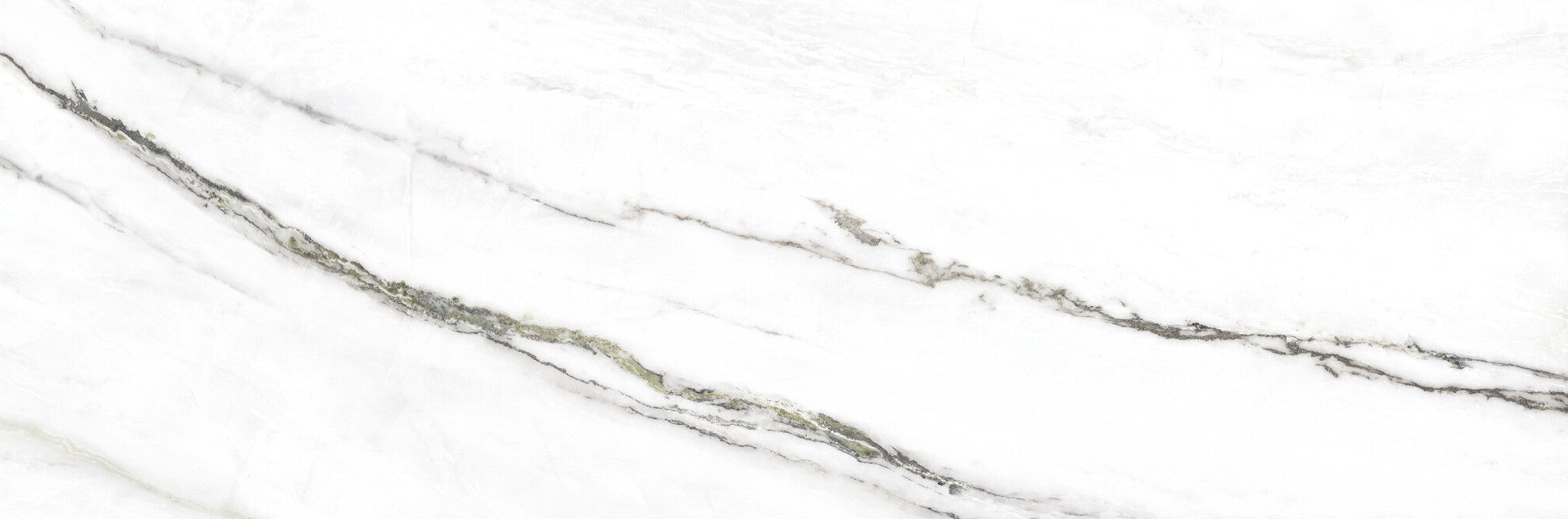 Calacatta Green ceramic wall tile with white tones and green charcoal veins, 33.3x100cm.