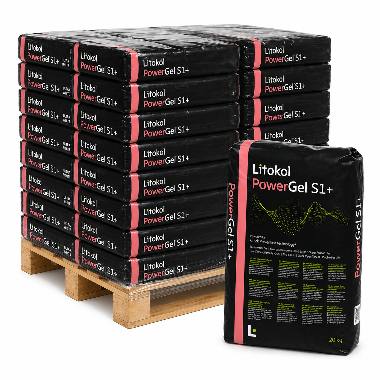 Litokol Powergel Slowset S1+ Ultra White 20kg - Full Pallet 48 Bags displayed on a wooden pallet with detailed packaging.