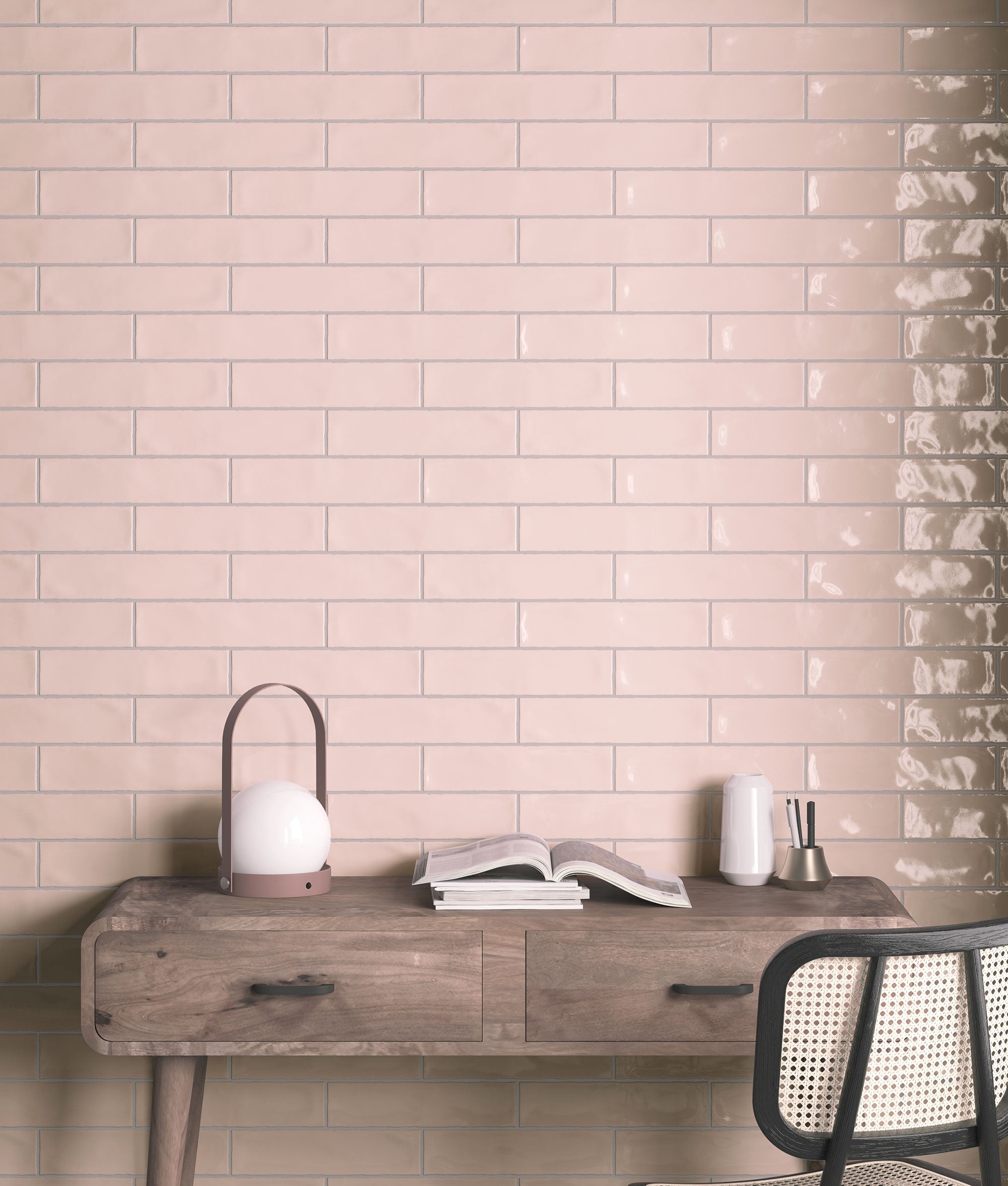 Rural Pink glossy ceramic wall tiles on a feature wall, paired with a wooden desk and modern decor.