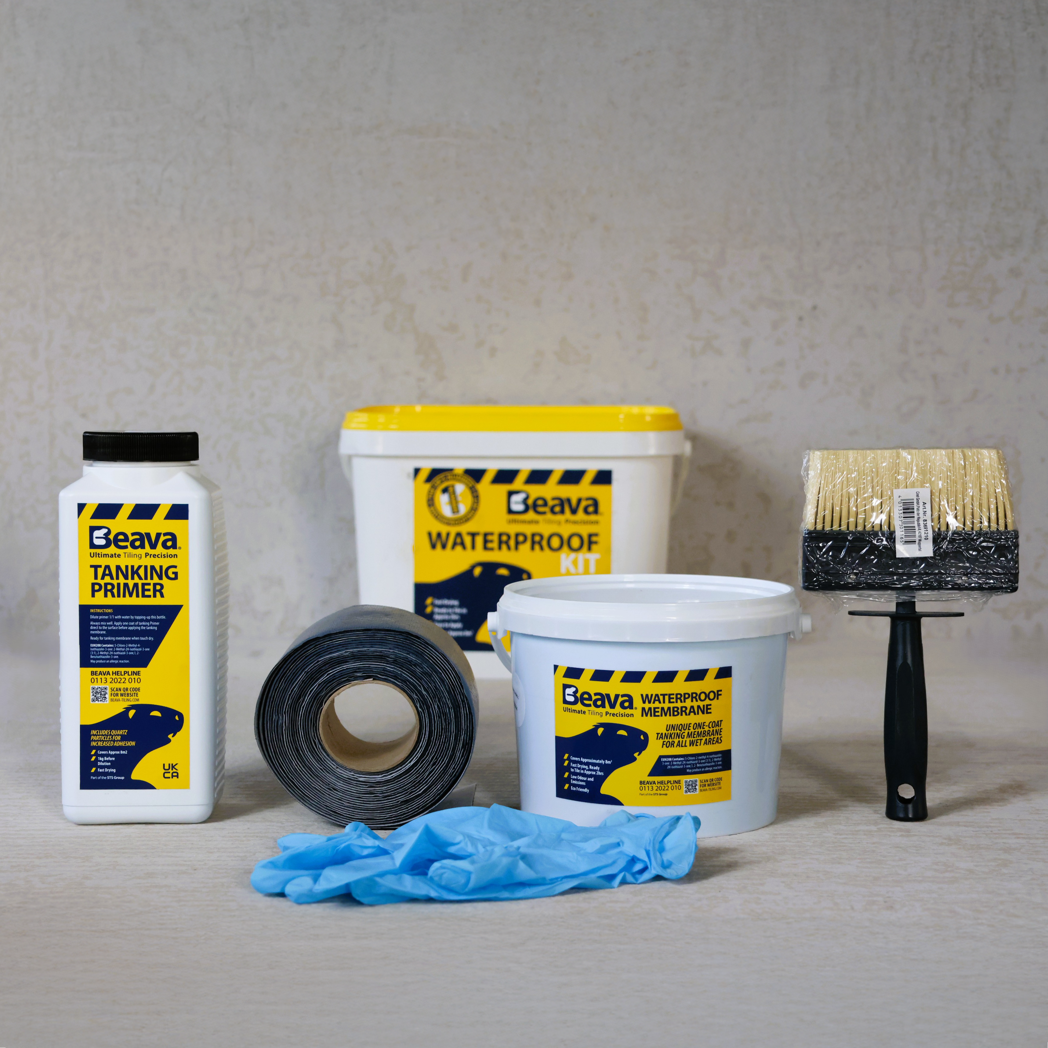 Beava Waterproofing Tanking Kit featuring tanking primer, waterproof membrane, waterproof tape, and application tools.