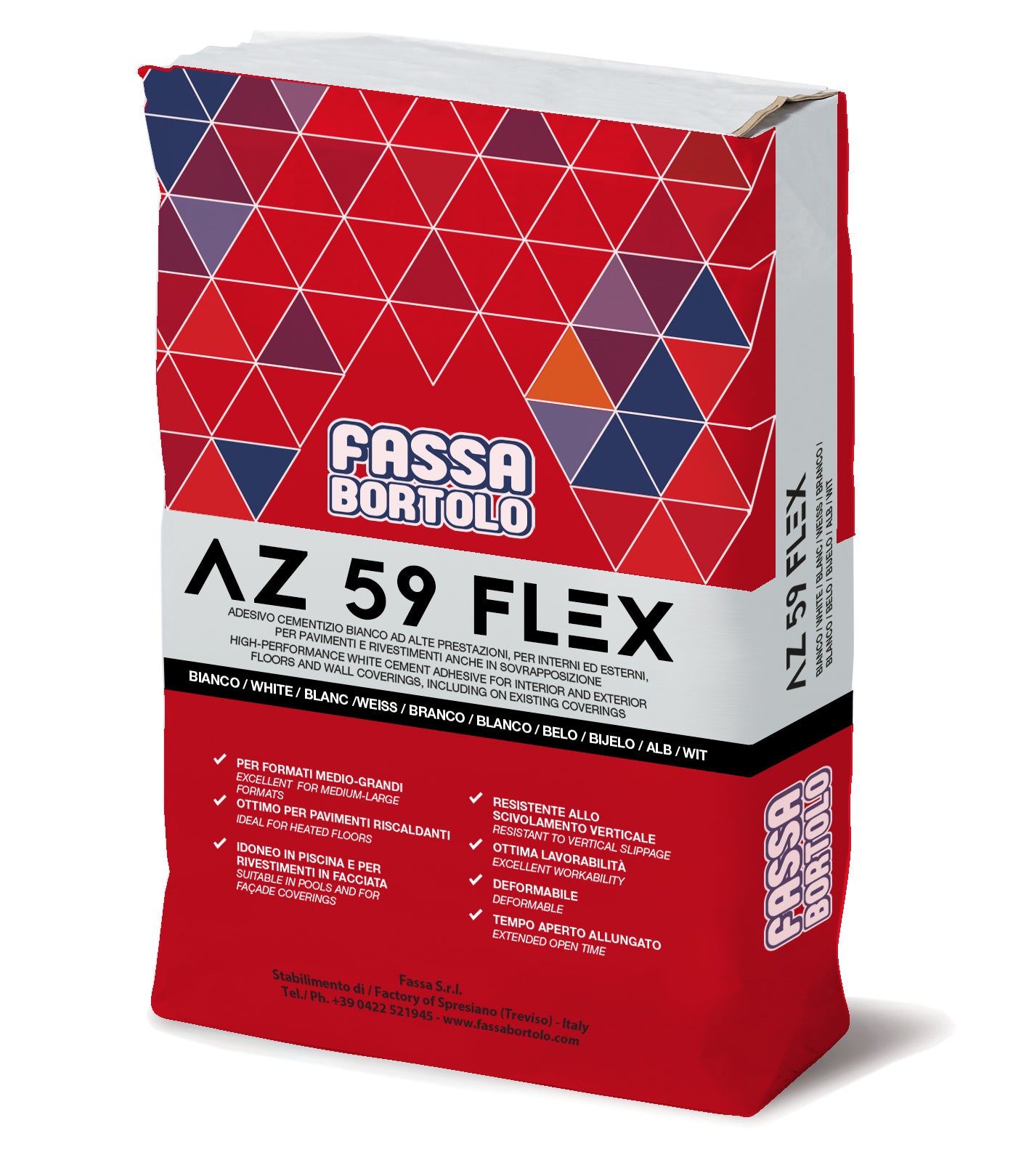 Fassa AZ59 S1 Sloweset White 25kg bag of AZ 59 FLEX adhesive for bonding tiles and ceramics in various applications.