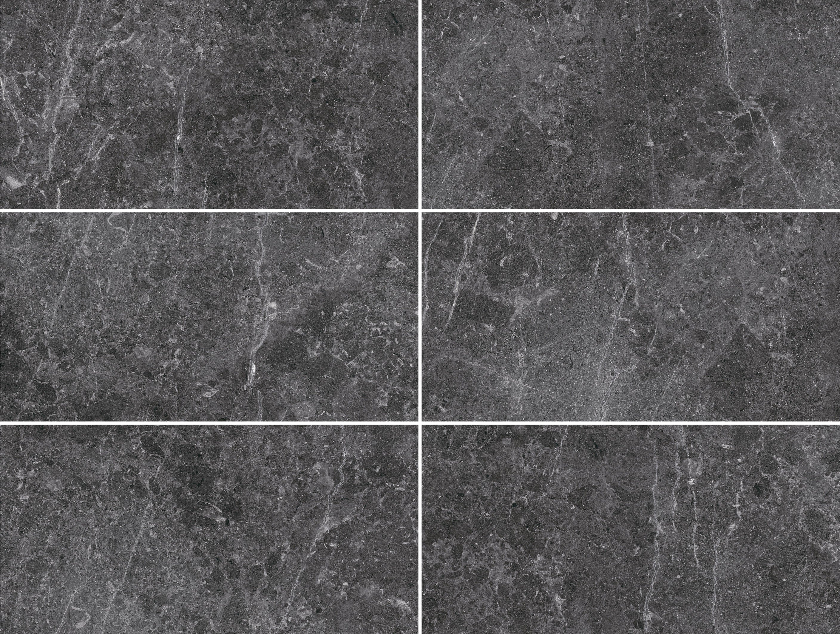 Botticino Dark Grey porcelain tiles in a 30x60cm grid pattern showcasing rich dark grey tones and organic veining.