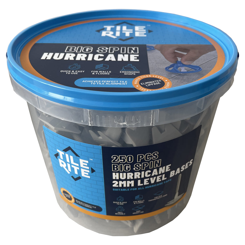 Tilerite Big Spin 250 pack 2mm tile levelling clips in a clear container for even grout lines.