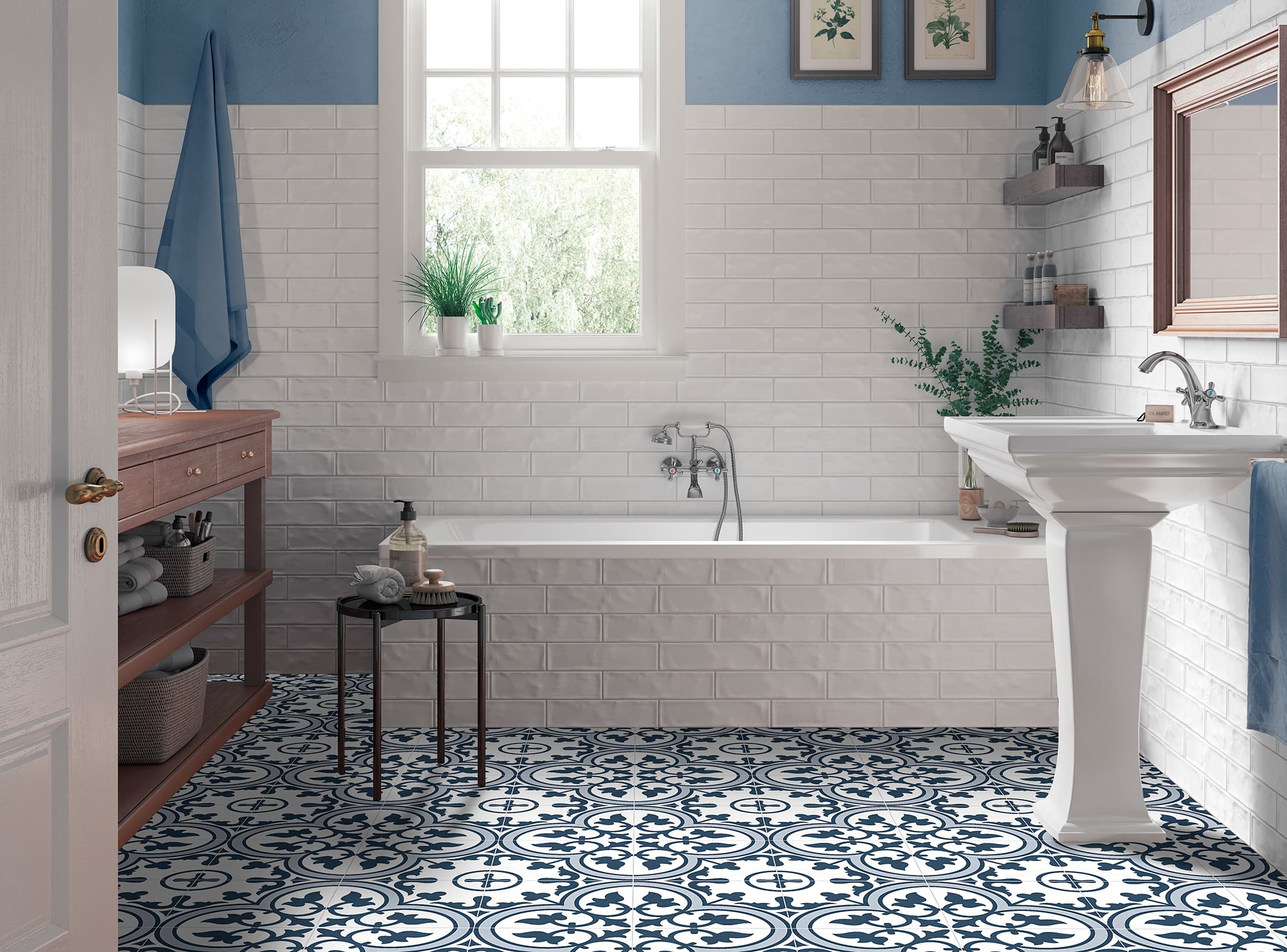 Crompton Marine Blue tile showcased in a stylish bathroom with white walls and classic decor.