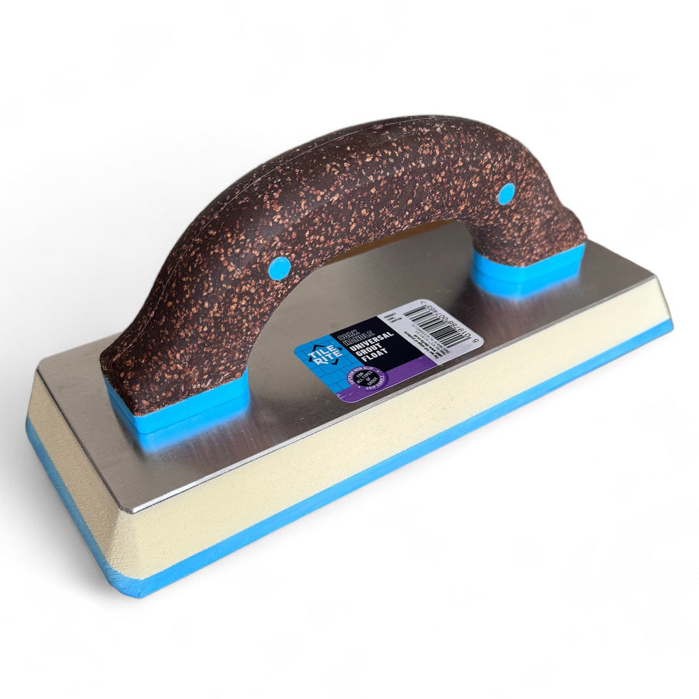 Tilerite Cork Handle Universal Grout Float with durable blue face and stainless steel backing, perfect for all grouts including epoxy.