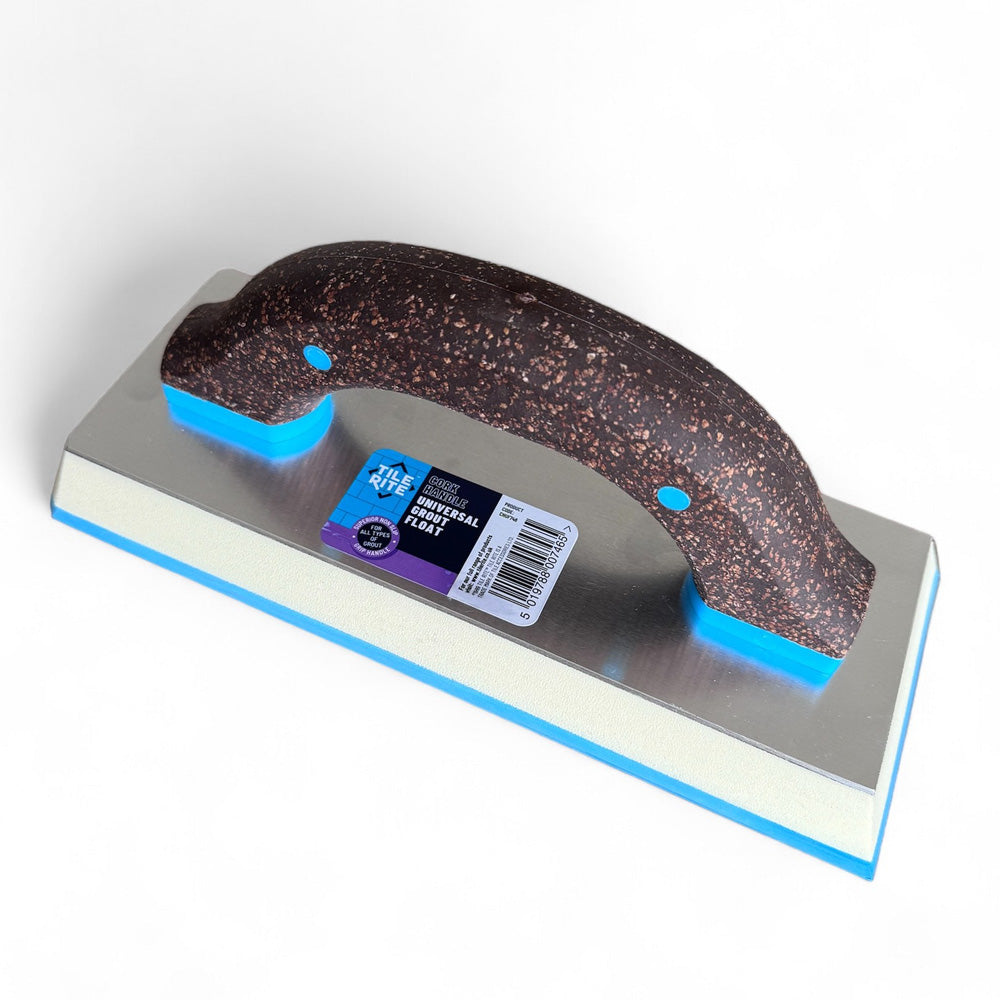 Tilerite Cork Handle Universal Grout Float with blue face and stainless steel backing for easy grout application.