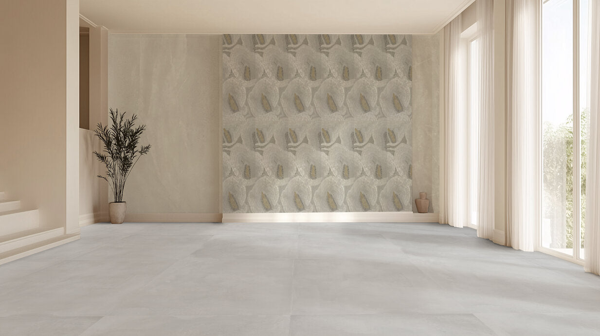 Elegant interior featuring Bohemia Avorio wall decor and soft avorio ceramic floor tiles in a modern space.