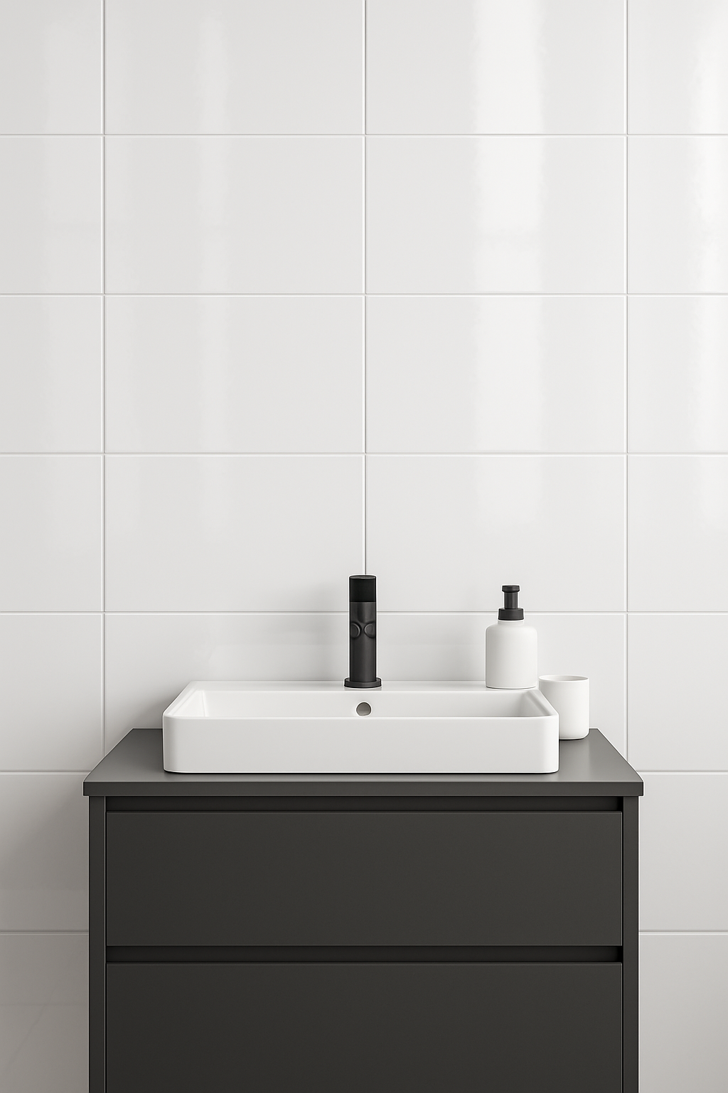 Flat White Gloss ceramic wall tiles in a modern bathroom setting with a sleek black vanity and minimalist sink.