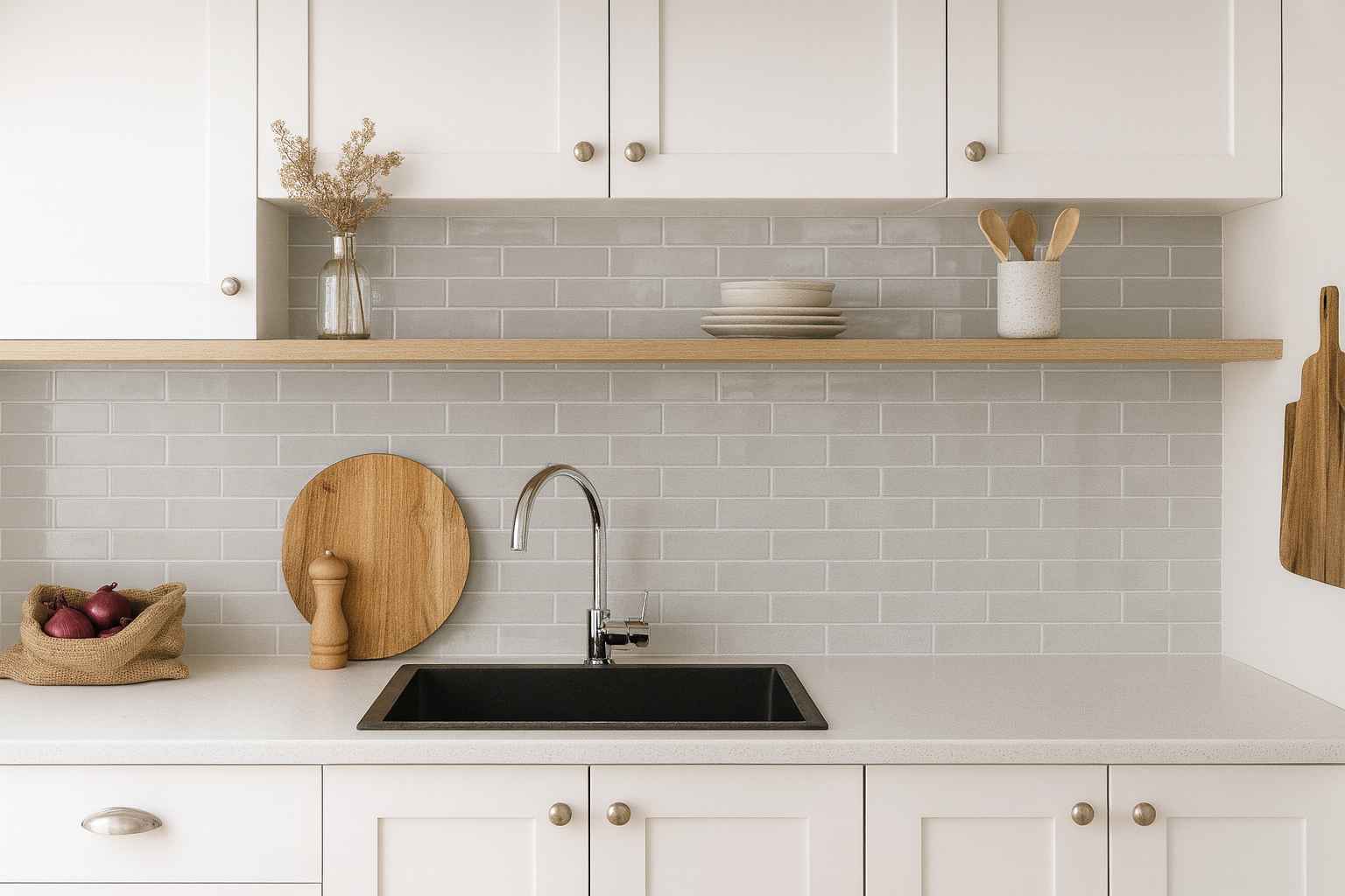 Rural Arctic glossy ceramic wall tile displayed in a modern kitchen with a sleek black sink.