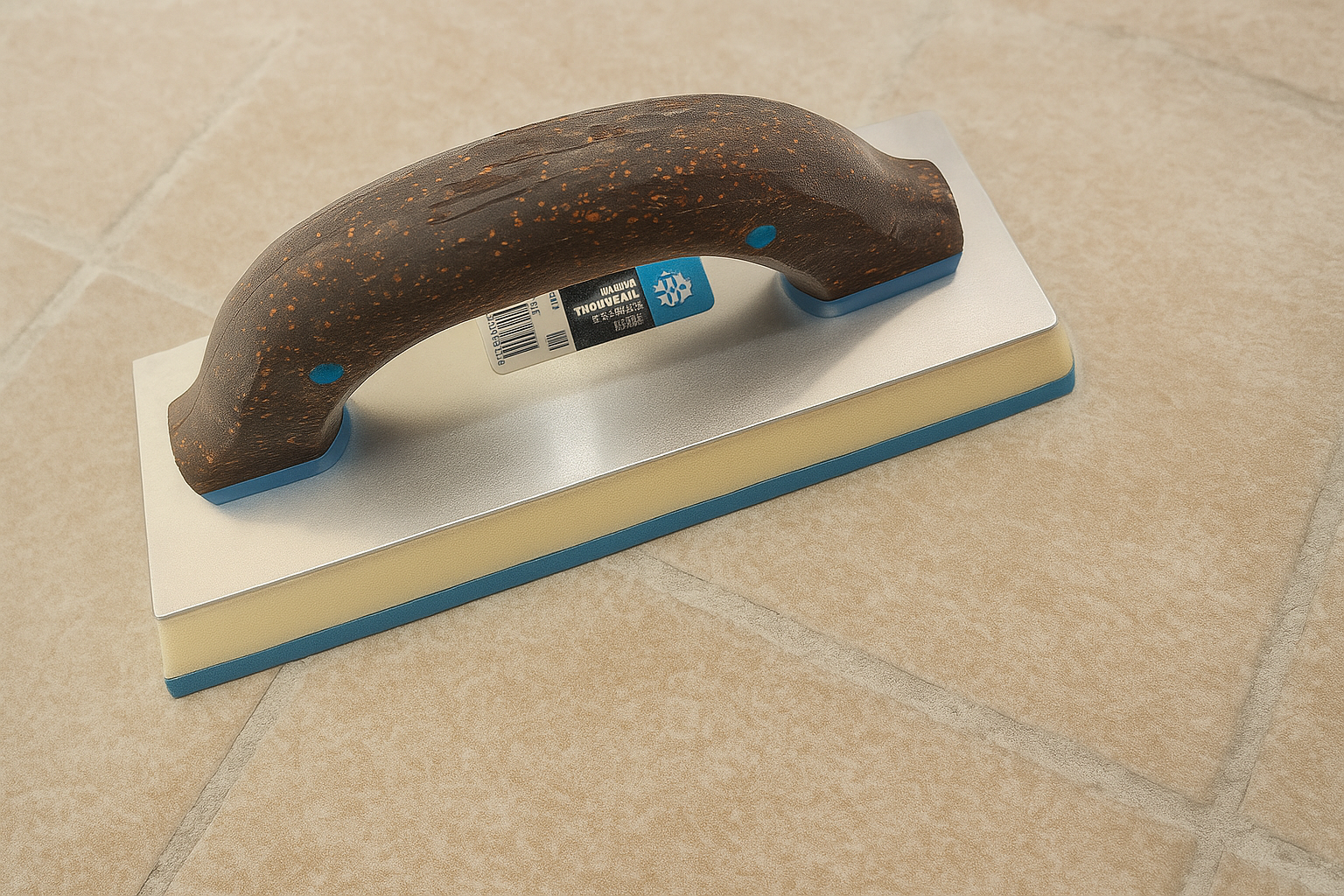 Tilerite Cork Handle Universal Grout Float with stainless steel backing and blue dense rubber foam.