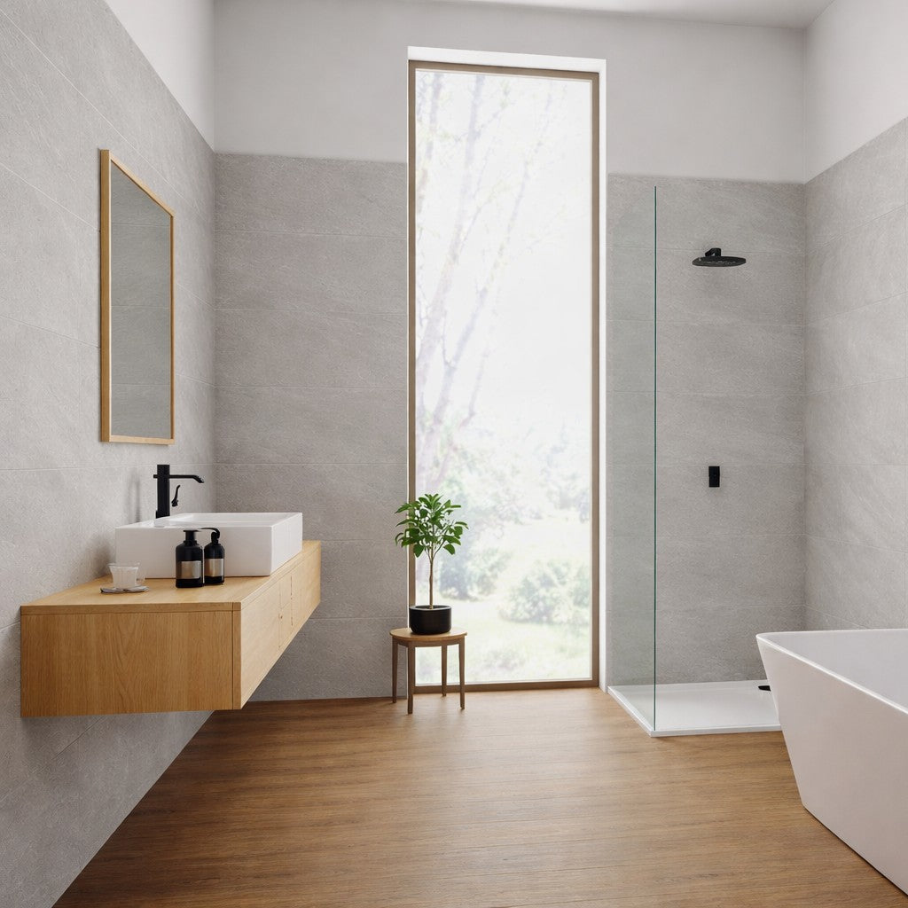 Stylish bathroom featuring Reserve Silver 32x90cm tiles, modern fixtures, and natural light for a serene atmosphere.