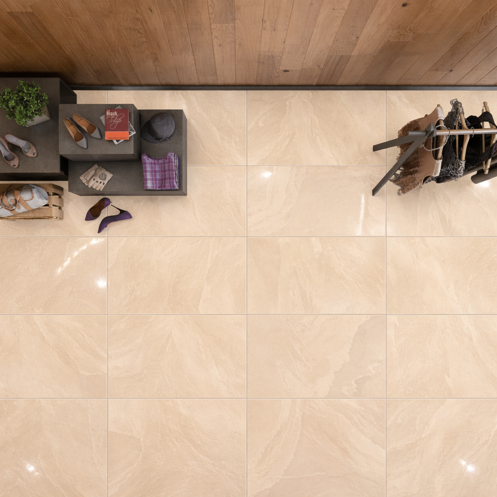 Spirit Beige polished tiles on floor with wooden wall and shoe rack, ideal for modern interiors.