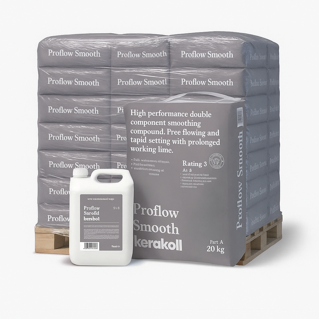 Kerakoll Proflow Smooth two part levelling 20kg pallet with containers for high performance flooring application.