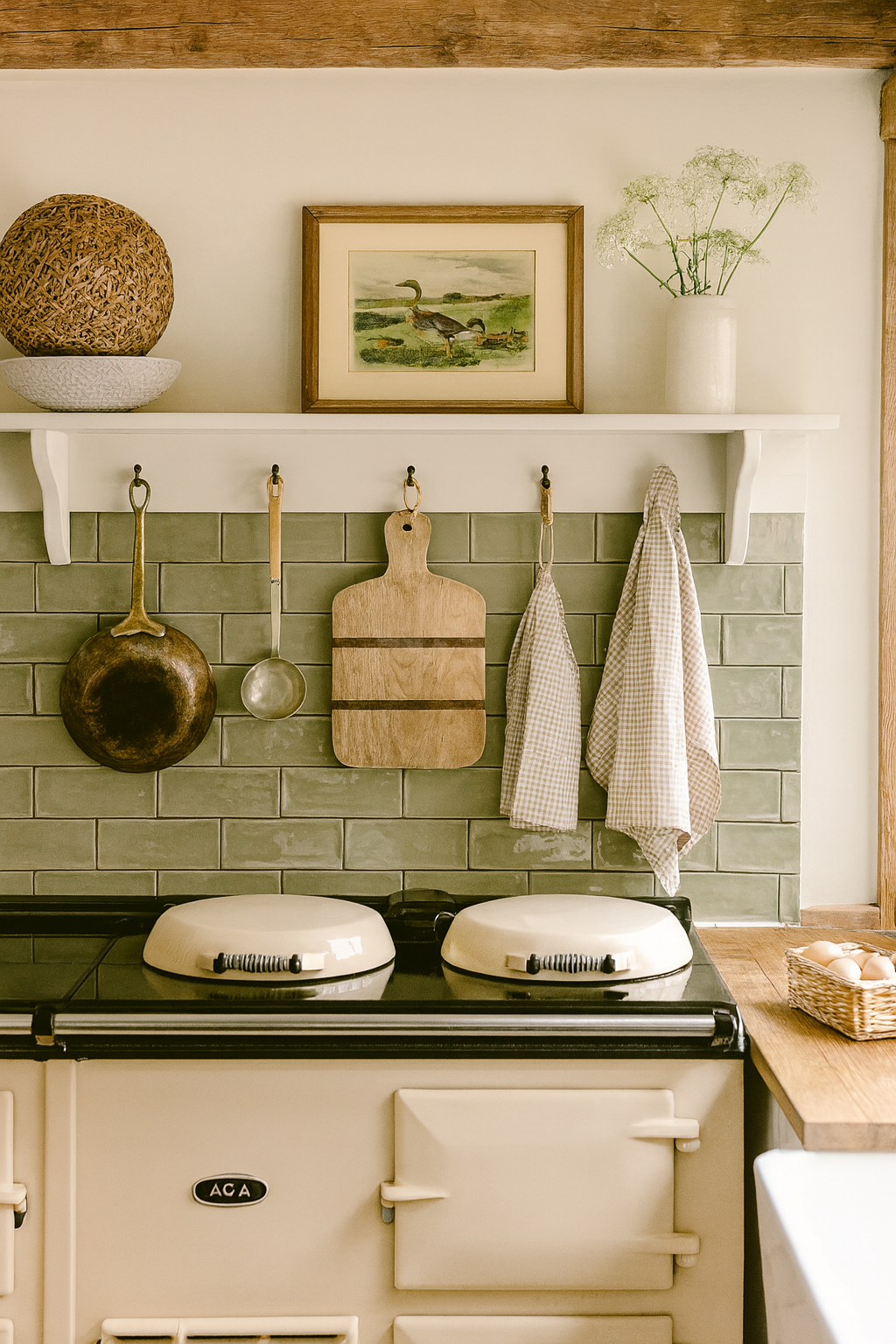 A cozy kitchen featuring Rustico Avocado tiles, an AGA stove, wooden utensils, and decorative accents.