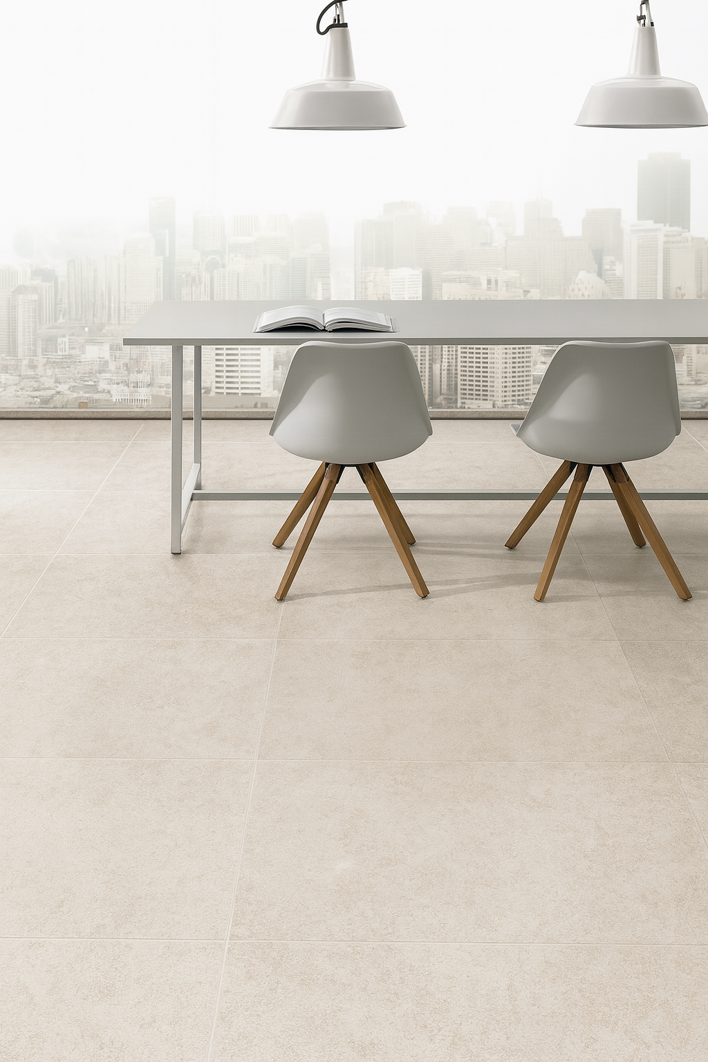 Lore Avorio 60x90cm porcelain tile flooring in a modern dining area with sleek chairs and city view.
