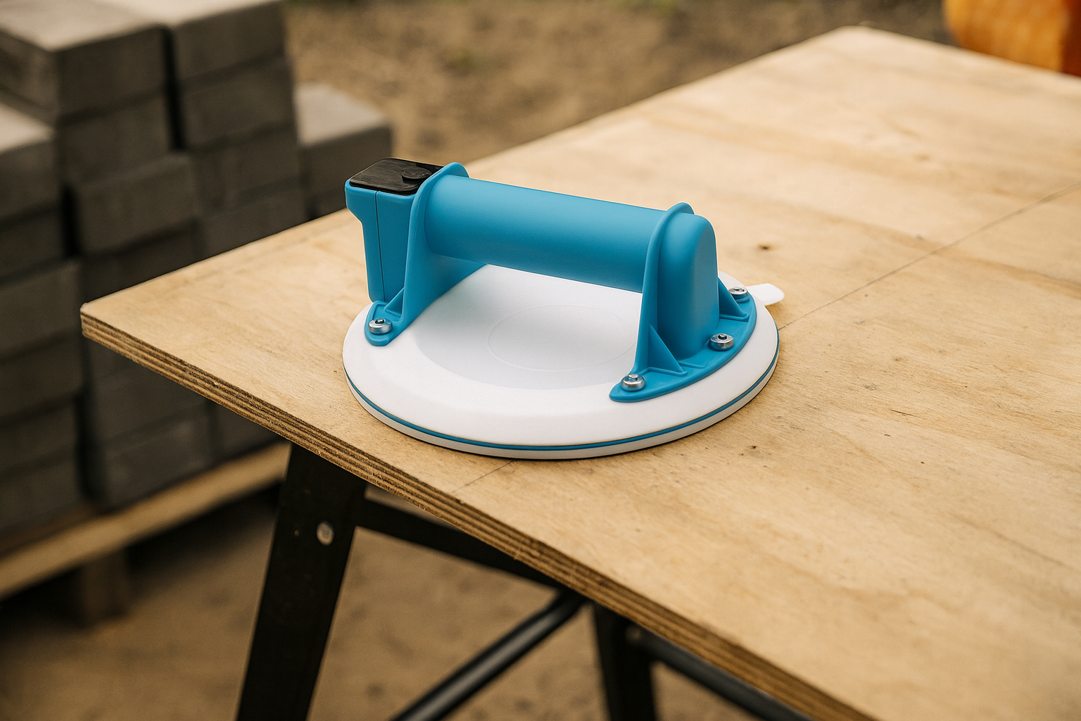 Tilerite Phantom electric suction cup on a wooden surface, designed for lifting large tiles effectively.