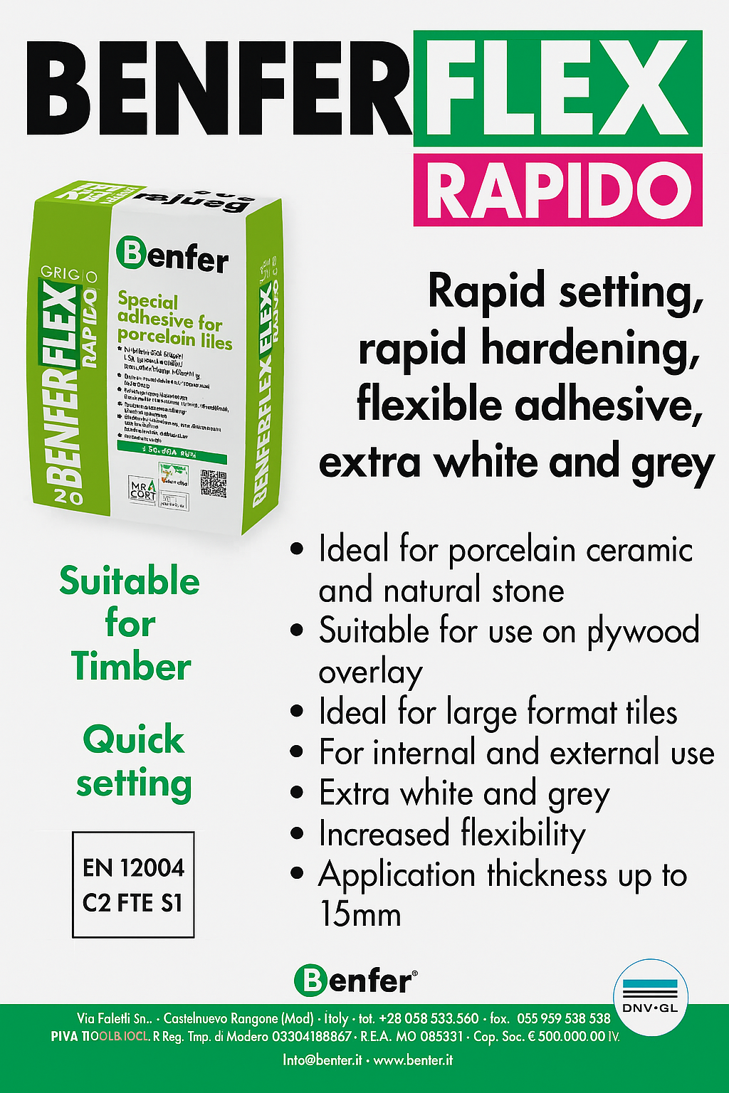 Benfer Benferflex Rapid S1 Grey 20kg flexible adhesive for tiles, suitable for various surfaces including timber.