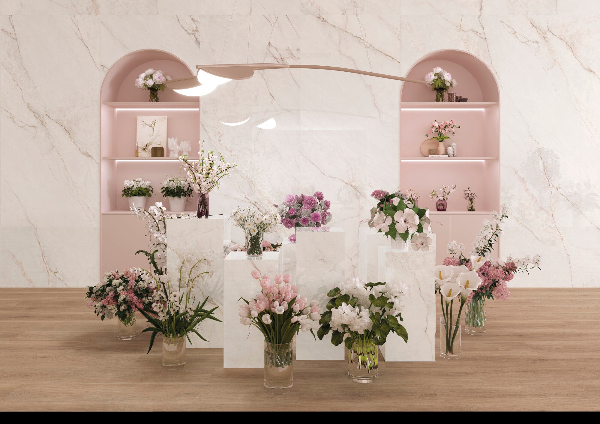 Lia White Polished porcelain tile display with floral arrangements in a modern interior, showcasing elegance and luxury.