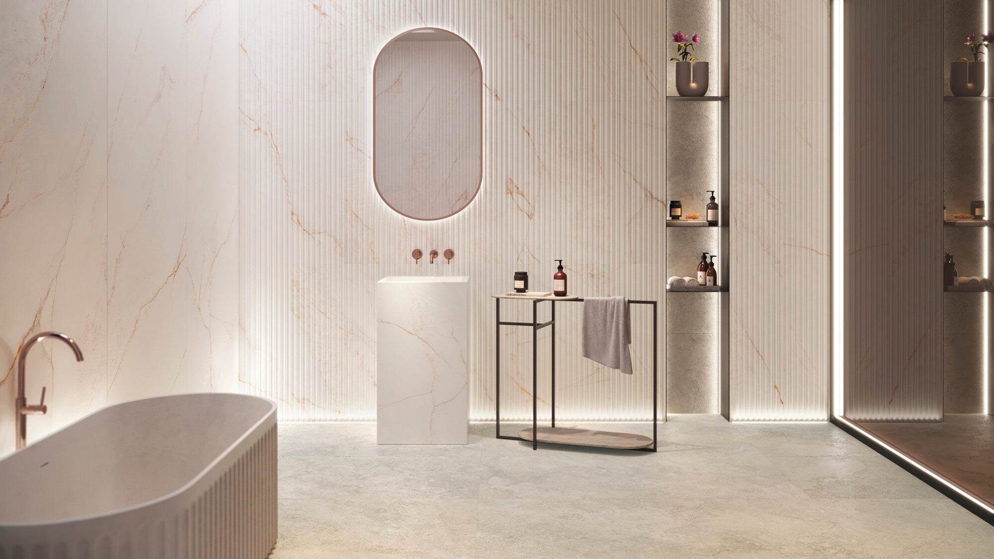 Lia White Decor 33.3x100cm ceramic wall tile used in modern bathroom design with blush tones and stylish fixtures.