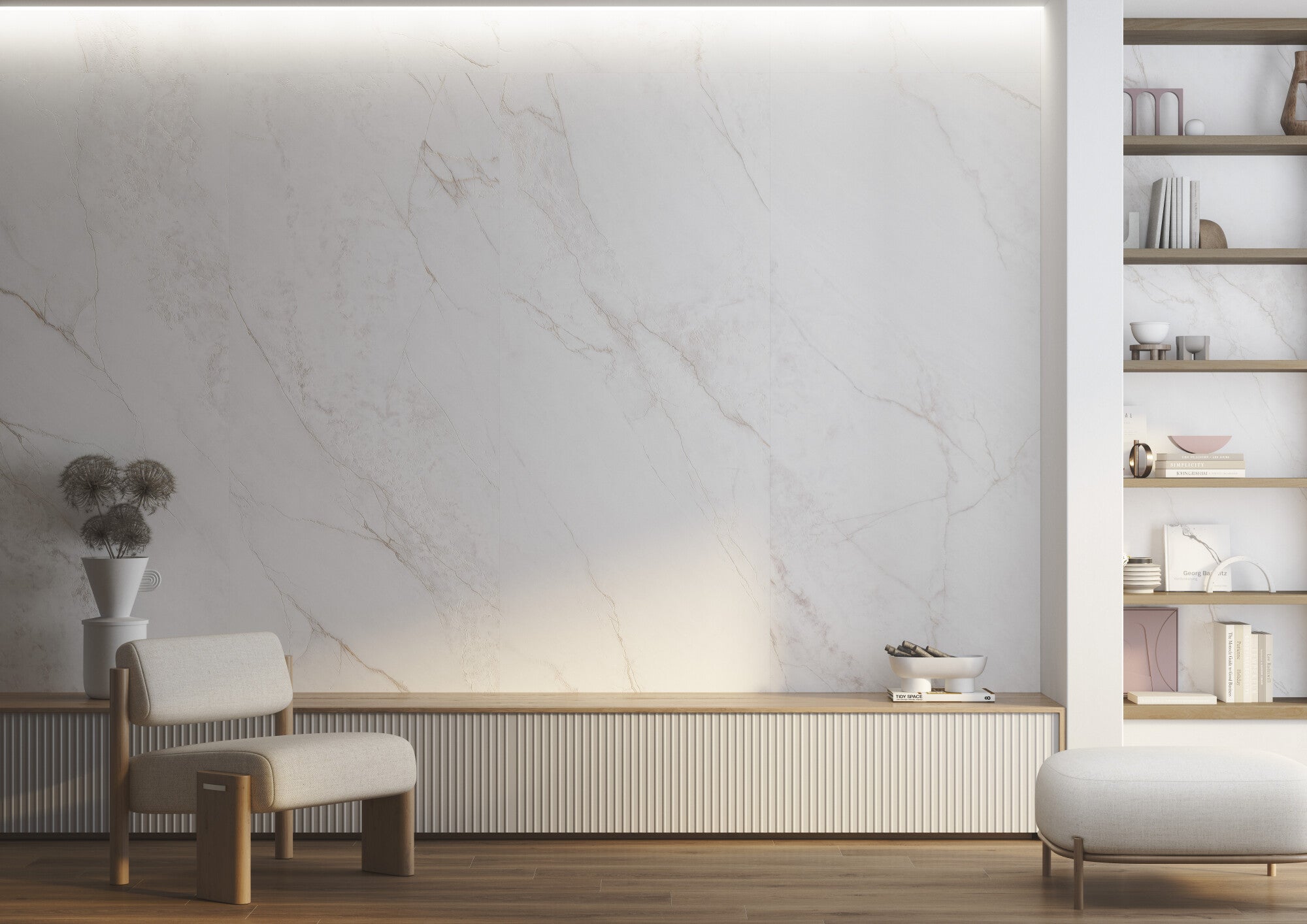 Modern living space featuring Lia White 33.3x100cm ceramic wall tile with subtle pinkish veining.
