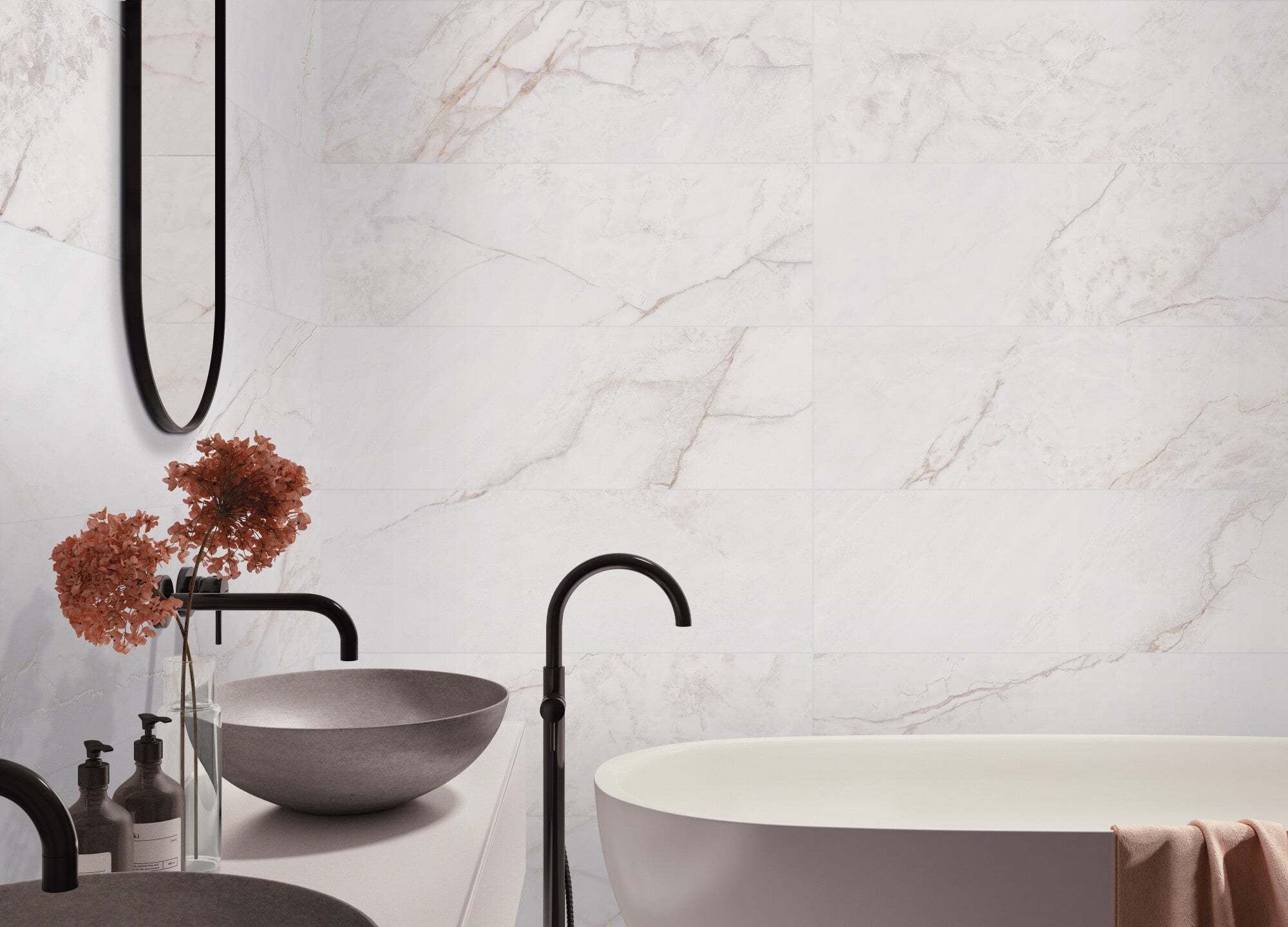 Lia White 33.3x100cm ceramic wall tile in a modern bathroom setting, featuring elegant veining and a minimalist design.