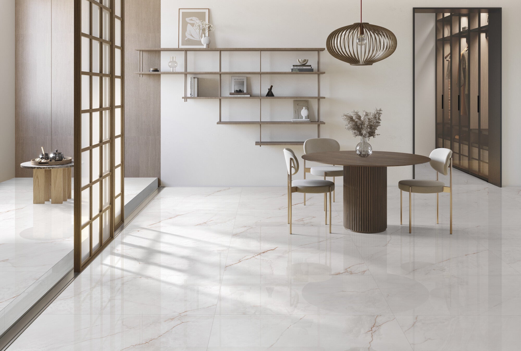 Lia White Polished porcelain tile in a modern interior with a wooden dining table and elegant decor.