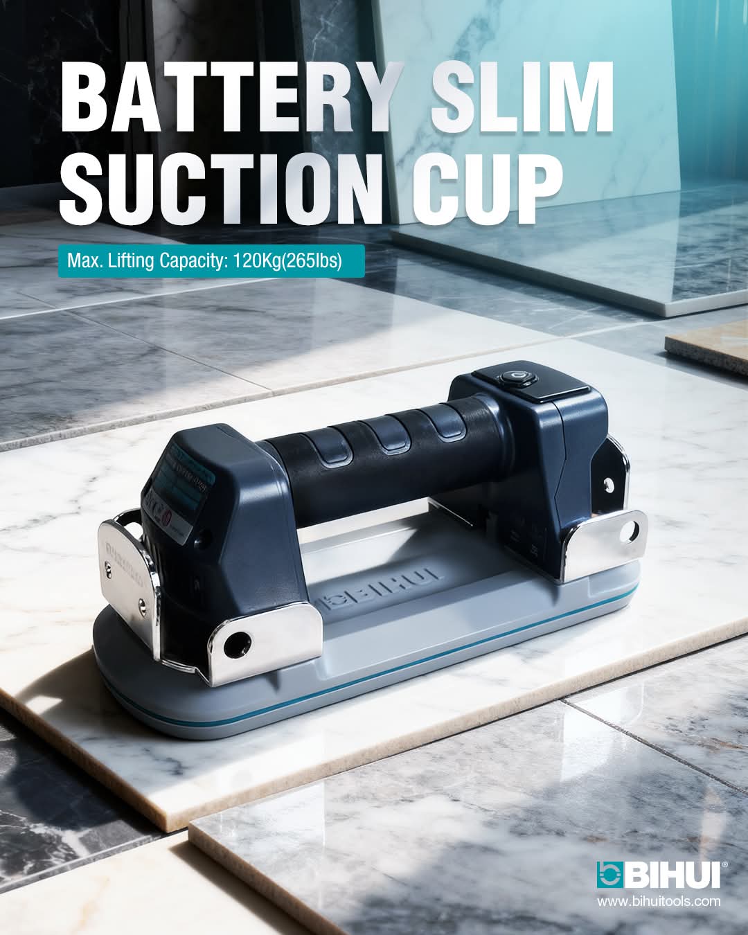 Bihui Pro 120 Slim Electric Vacuum Suction Cup with 120Kg lifting capacity on marble surface.