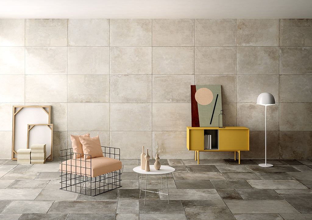 Modern interior featuring Pellier Talco 60x90cm porcelain tiles with warm beige tones.