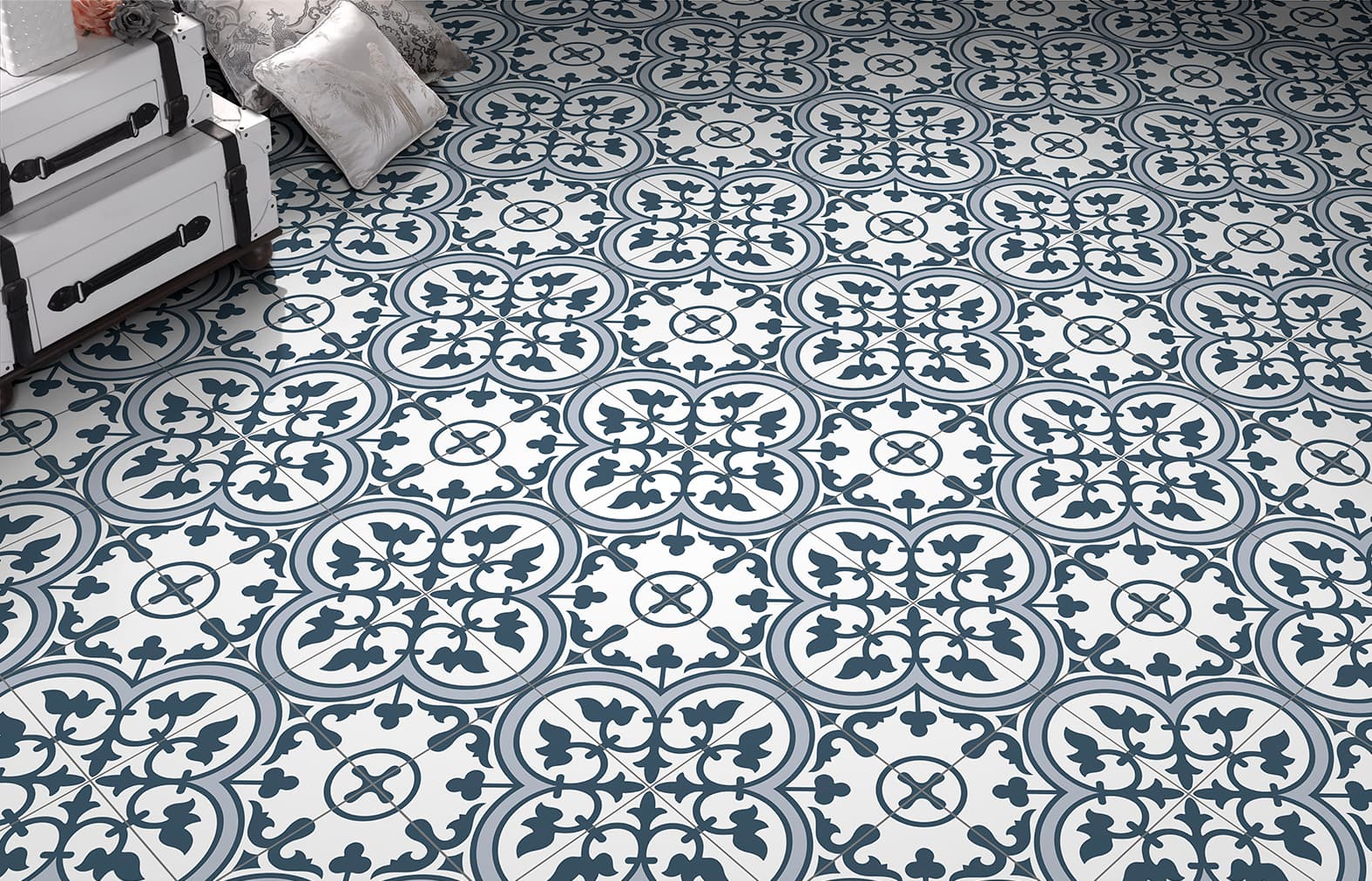 Crompton Marine Blue tile design with intricate patterns on the floor, showcasing a bold and timeless decor style.