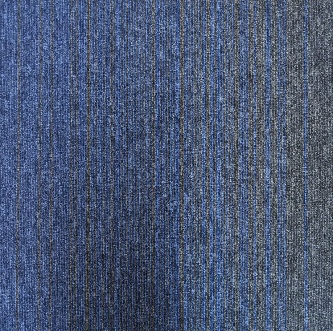 Burmatex Tivoli Mist Nordic Fjord Carpet Tile with striped blue and grey pattern, 50x50cm.