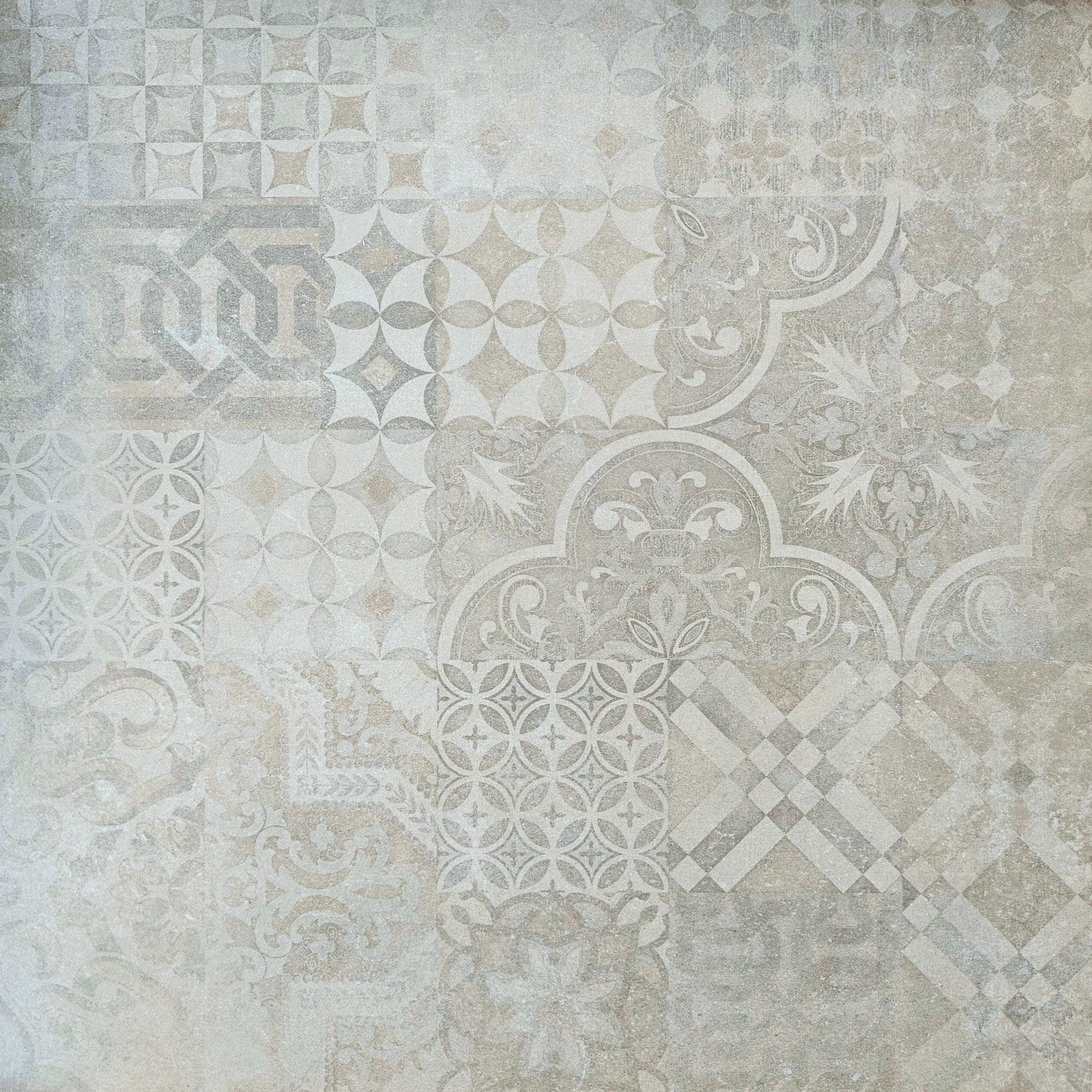 Plaster Decor Greige tile design in greige color with intricate patchwork motifs, 60x60cm decor.