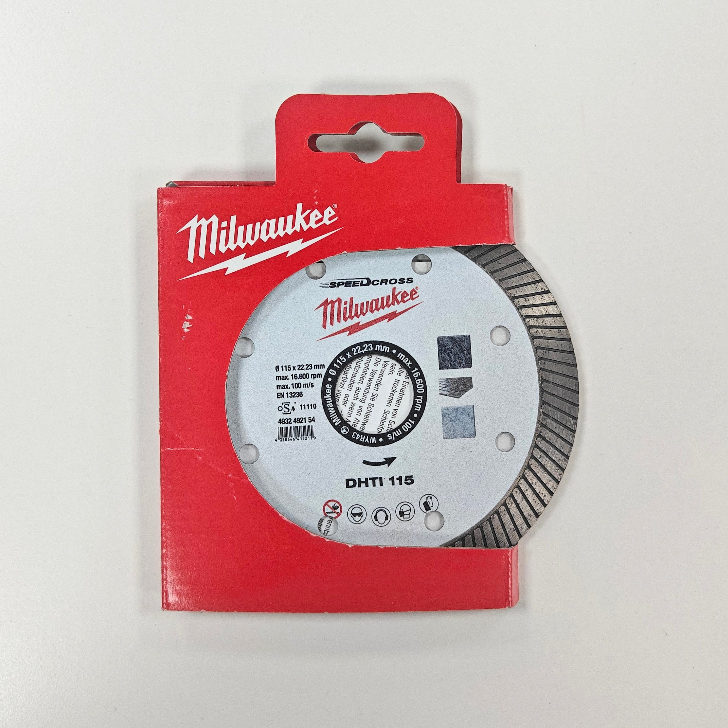 Milwaukee Speedcross DHTI Tile Grinder Blade 115mm in packaging, designed for cutting hardest tiles.