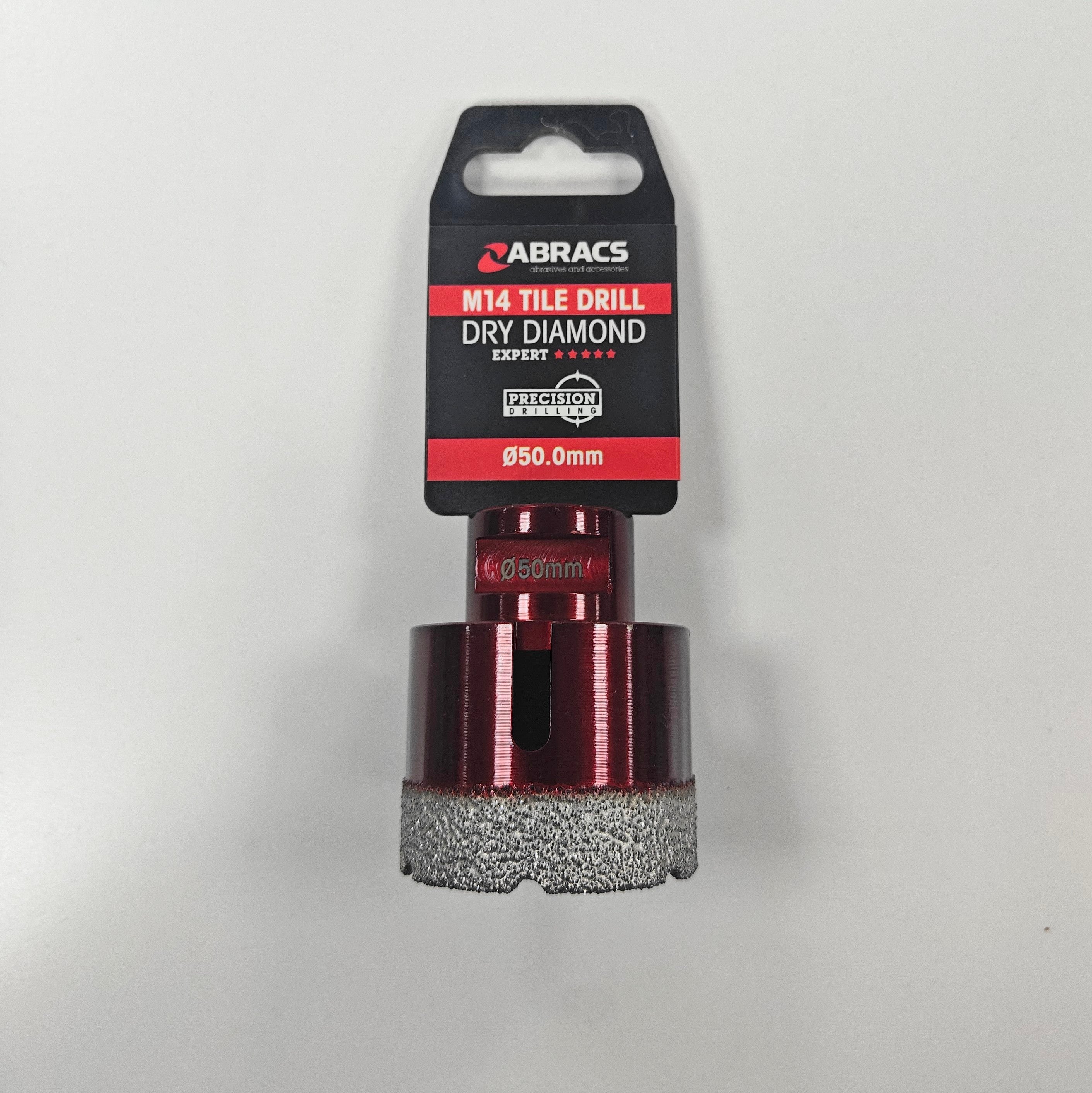 Abracs 50mm M14 Diamond Tile Drill Bit with red and silver design for precise tile drilling.