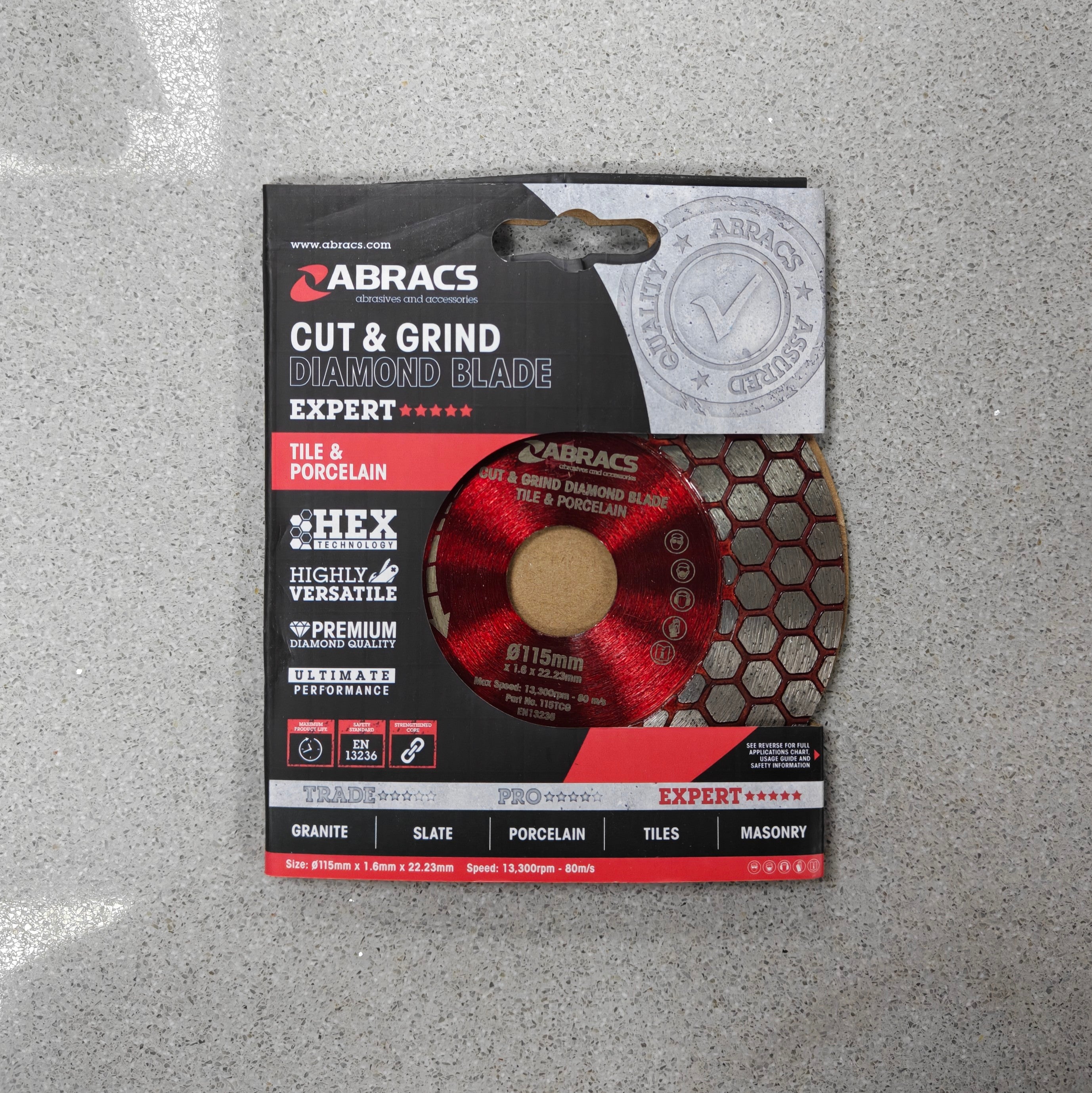 Abracs Cut & Grind HexDiamond Grinder Blade 115mm packaging for cutting and shaping tile and stone.