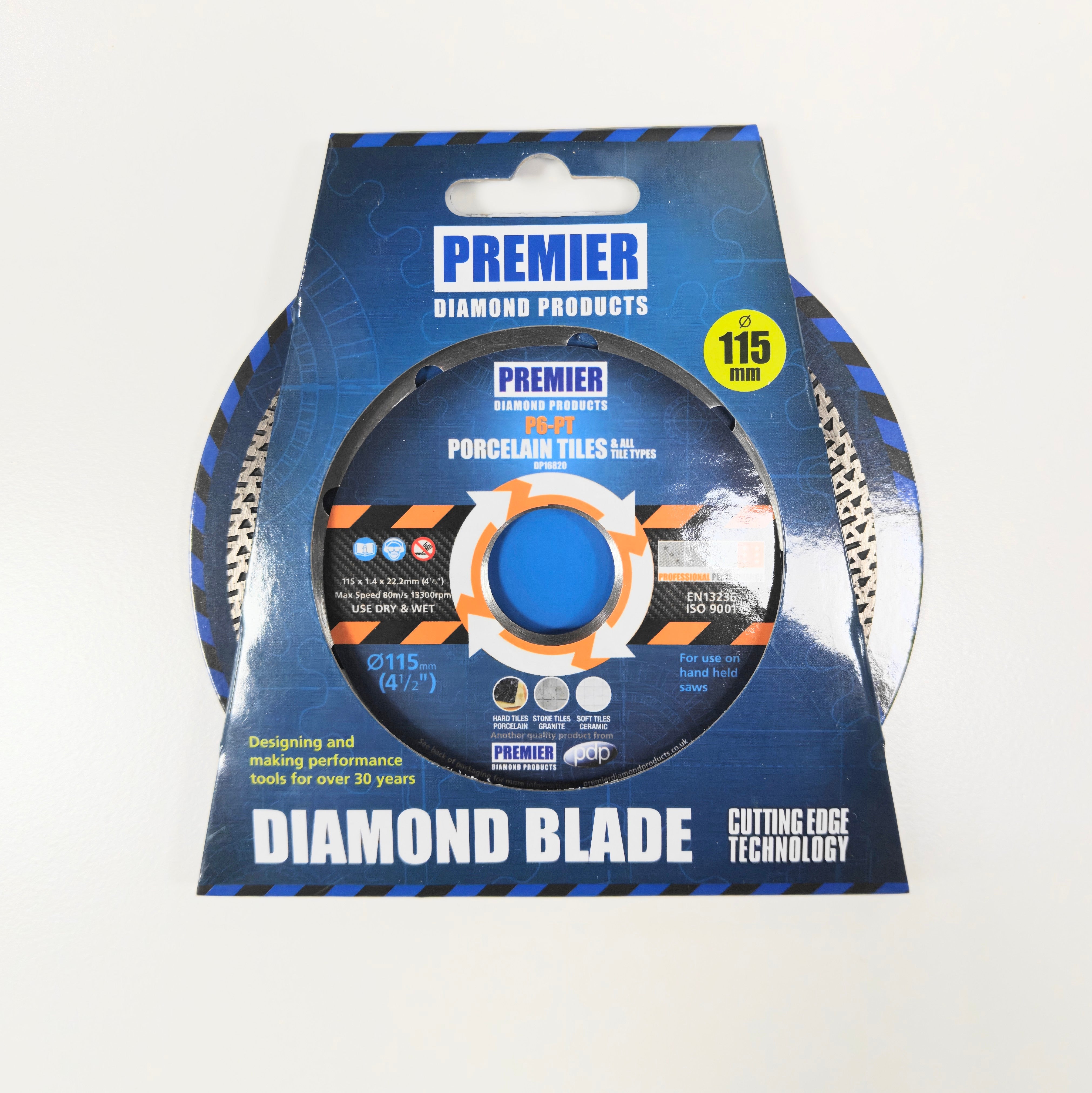 Premier P6-PT Diamond Tile Grinder Blade 115mm packaging for cutting porcelain tiles.
