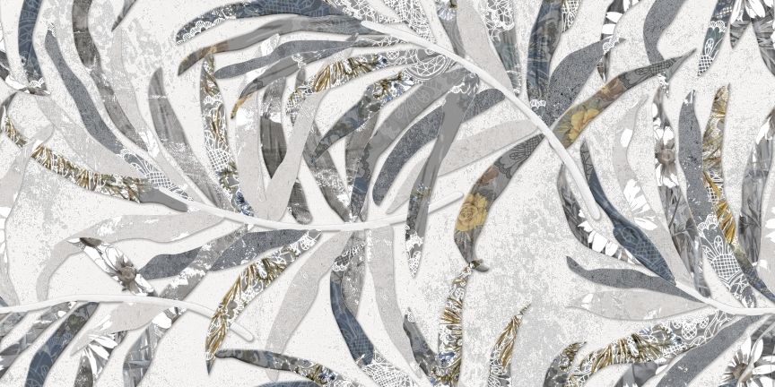 Jungle Decor 30x60cm ceramic wall tile featuring botanical leaf design in neutral tones and metallic accents.