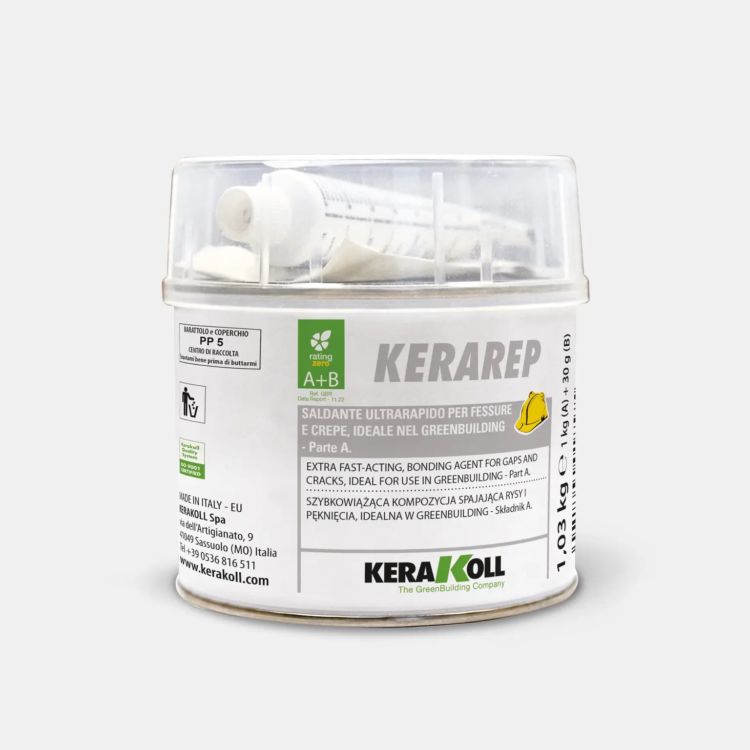 Kerakoll Kerarep substrate repair kit in a 1 kg bucket for effective crack repair.